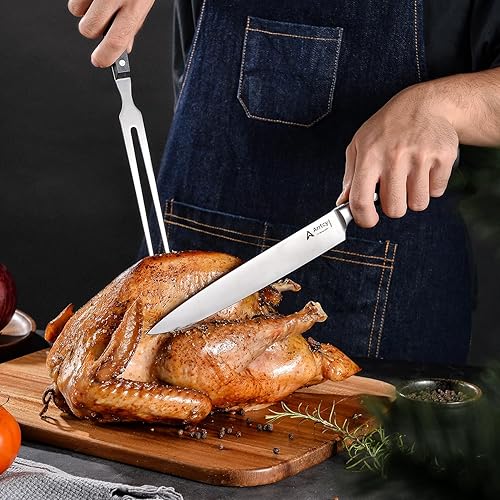 Miniatura 6 de Juego de tallado de pavo, cuchillo y tenedor ergonómico de espiga completa, herramientas de cocina alemanas de acero inoxidable para pavo, jamón,