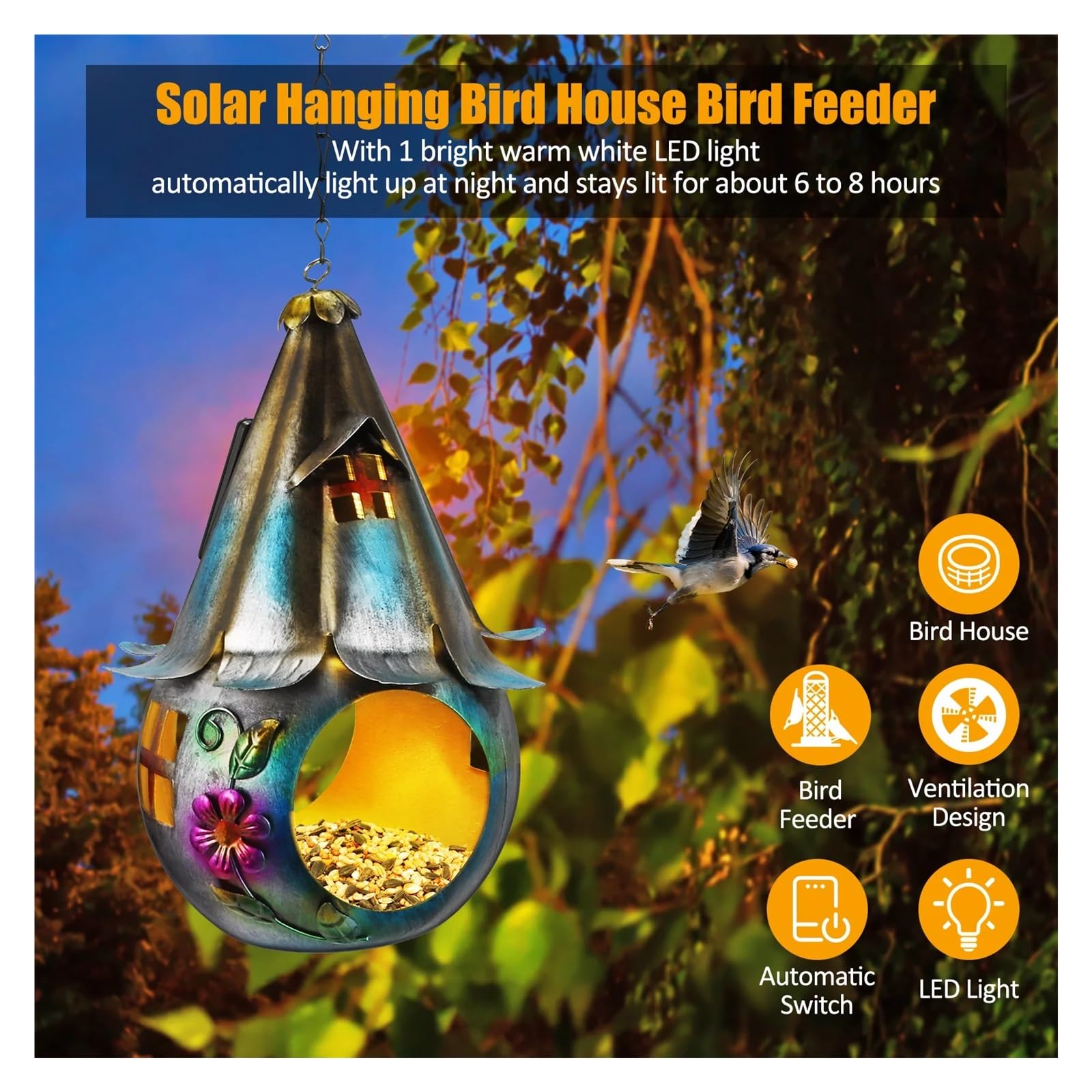 Mangiatoia For Uccelli Solare Alimentata A Energia LED Mangiatoie For Selvatici In Metallo For Colibrì In Ferro Battuto For Giardino Patio Prato Cortile Facile Da Mantenere
