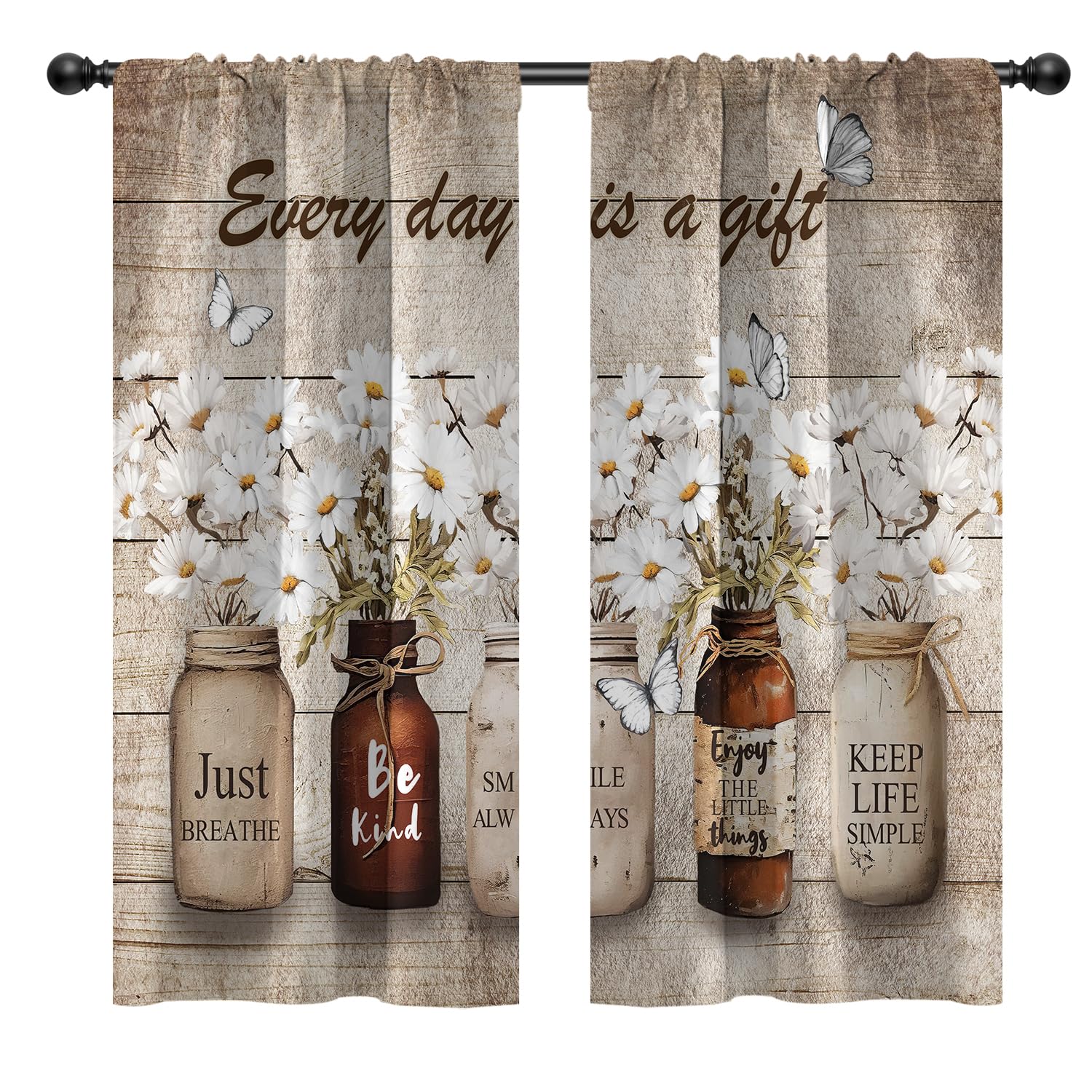 EOVDSFW Farmhouse Floral Curtains, Rustic Country Style, 42 x 63 Inch | Brown Vintage Design, Daisy Flower Butterfly Pattern, Cute Bedroom Window