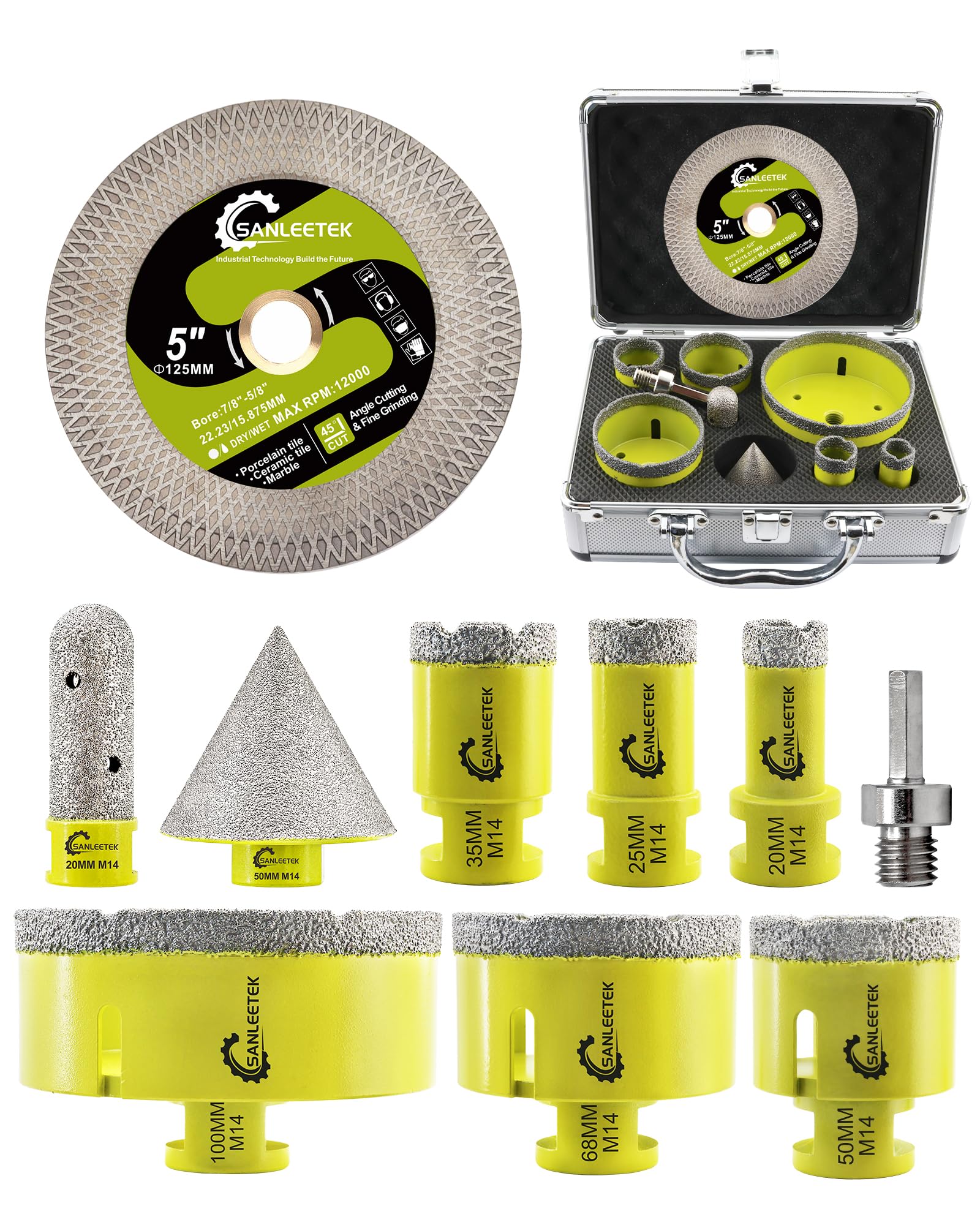 Diamond Core Drill Bits Set - SANLEETEK Diamond Hole Saw Kit 10pcs (20/25/35/50/68/100mm+20mm Finger Bit+50mm Beveling Chamfer Bit+125mm Saw Blade X Mesh+Hex) for Porcelain Tile Ceramic Marble