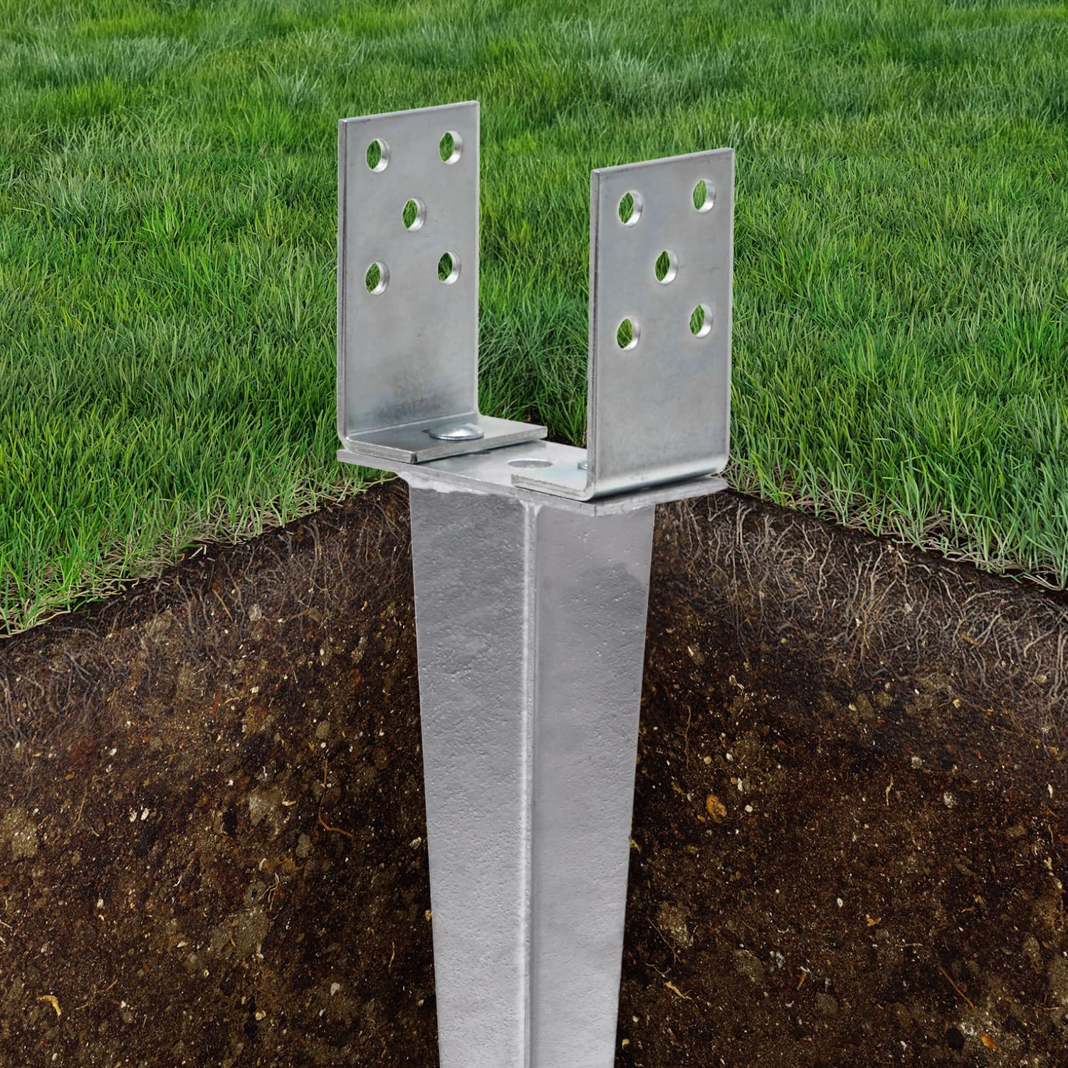 TRIBECCO Einschlag-Bodenhülse U-Form für Vierkant-Holzpfosten Stützenschuh verstellbar bis 140 mm Länge 700 mm U-Pfostenträger zum Einschlagen in den Boden feuerverzinkter Stahl