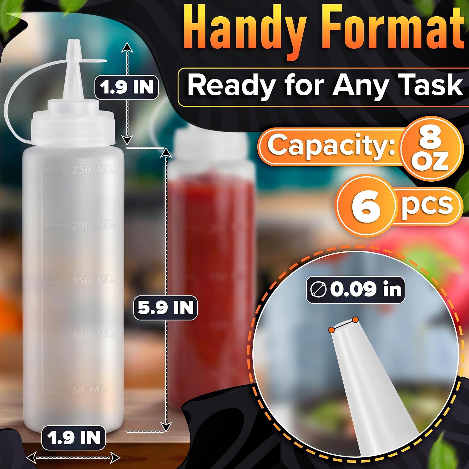HYQO 6-Pack Condiment Squeeze Bottles, 8 oz, Plastic, Narrow Tip image 2