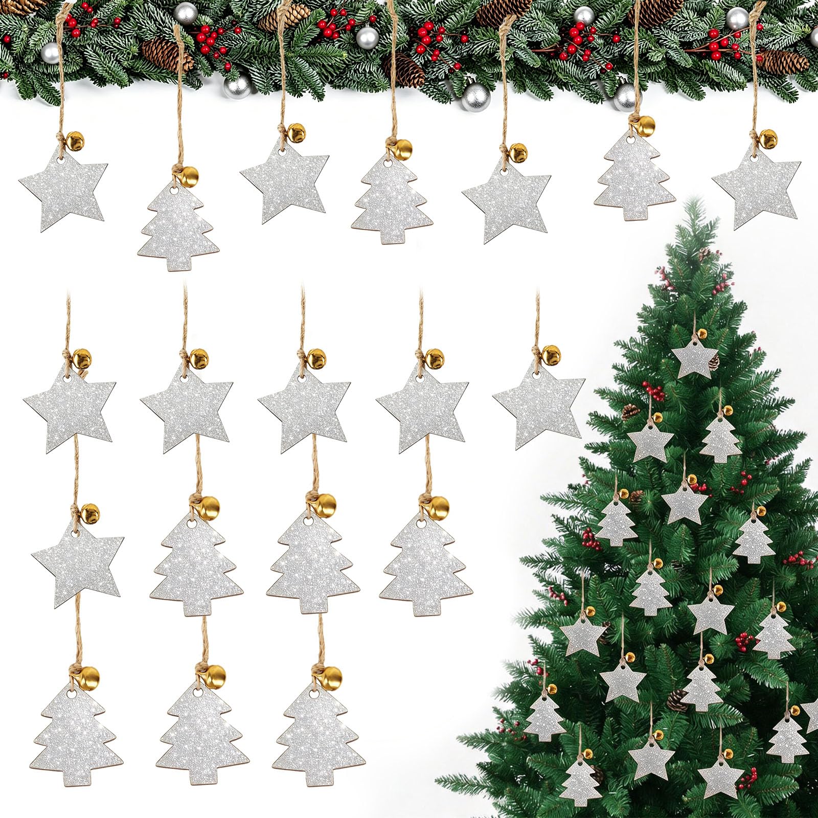 Graplan 24Pcs Wooden Christmas Tree Decorations – Silvery Glitter Star & Tree Shaped Baubles, Hanging Ornaments for Xmas Tree, Natural Wood Pendants, 2 Styles