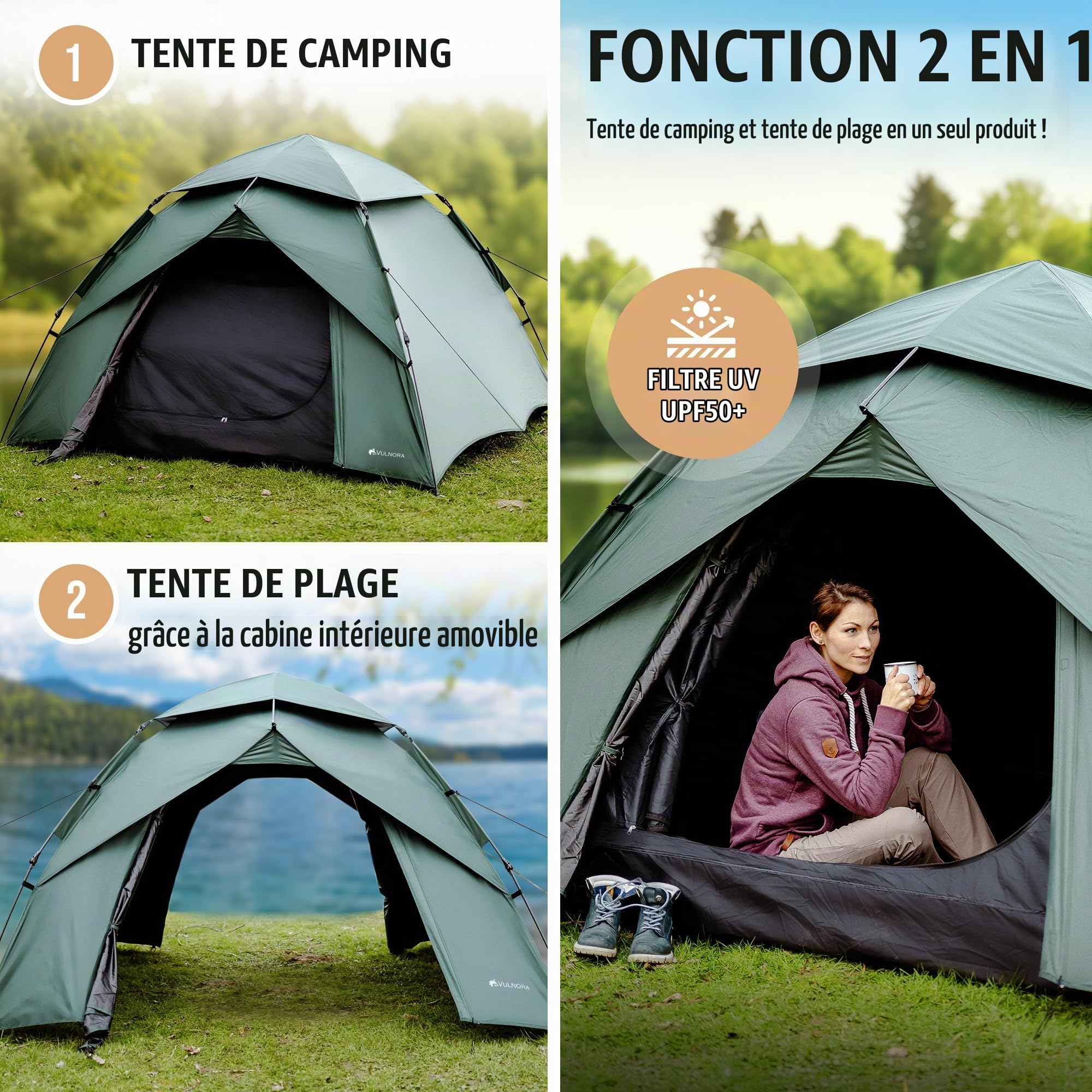 Tente pop-up pour 4 personnes - Étanche - Colonne d'eau de 5000 mm - Tente à lancer pour 1 à 4 personnes - Montage et démontage en quelques secondes - Tente de plage avec protection UV -