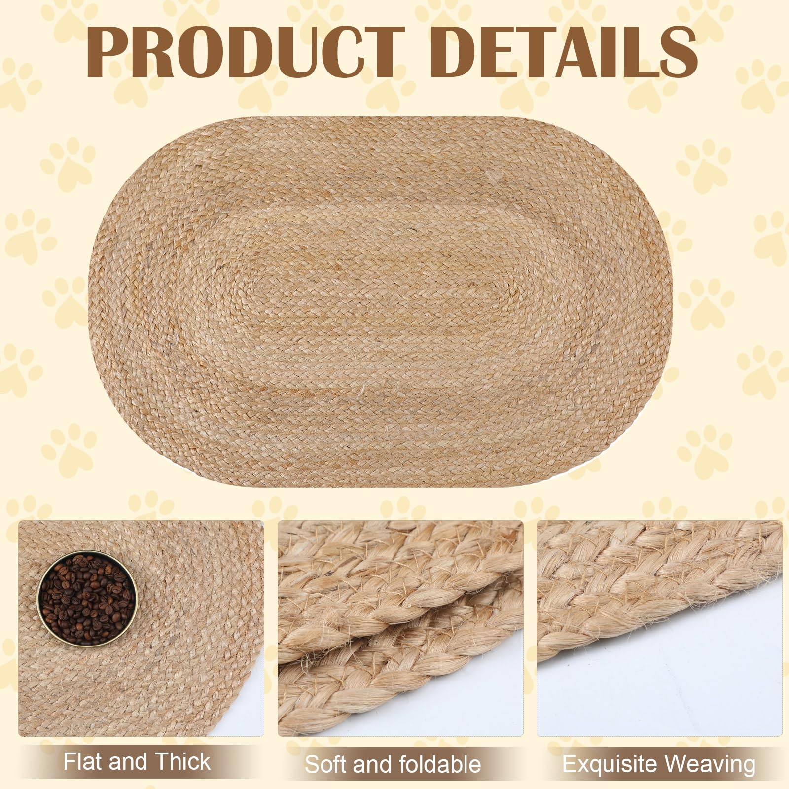 Tinideya Geflochtene Jute-Hundenapf-Matte, 78,9 x 50,8 cm, rustikale Matte, natürliche Katzen-Platzsets für Futter und Wasser, ovaler Teppich, ungiftige Futtermatten für Futternapf oder