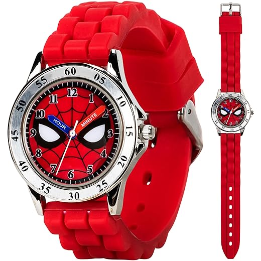 Accutime Spiderman Time Teacher Watch for Kids - Red Silicone Strap, Easy-to-Read Dial, Water Resistant, with Special Tin