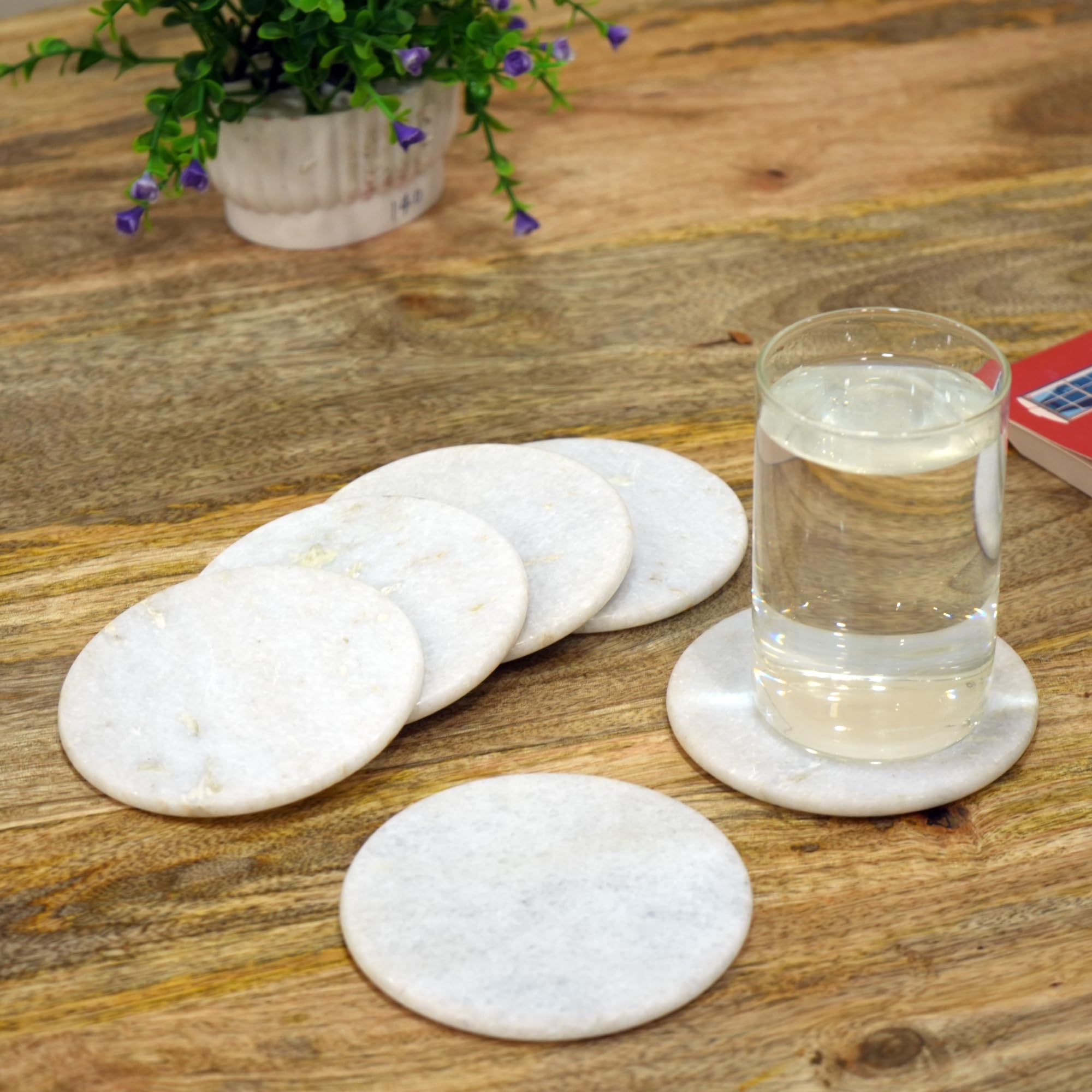 Little eXtra Marble Coasters Sets of 6- White Marble Stone Round Coasters for Table- Vintage and Handmade- Luxury Aesthetic Modern Coaster for Kitchen and Dining (10 X 10 X 0.6 Cm)