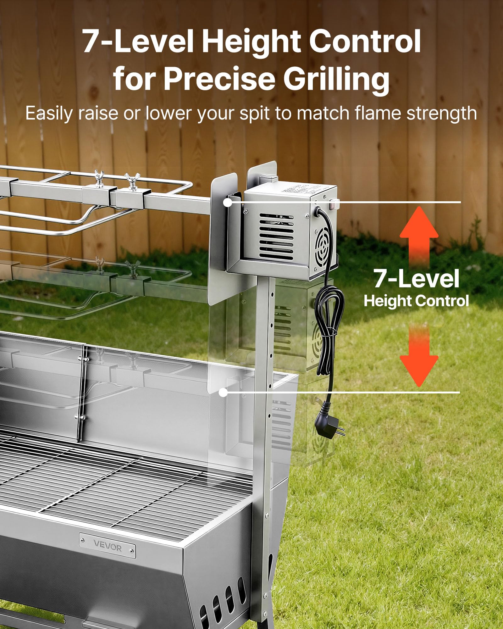 VEVOR Asador Giratorio Eléctrico 7 Niveles de Altura, Capacidad de Carga de 60 kg (37in, Modelo con deflector)