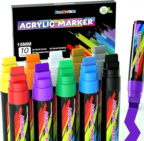 FansArriche Marcadores de pintura acrílica, punta de fieltro jumbo de 0.59 pulgadas, 10 bolígrafos de pintura impermeables y permanentes de colores