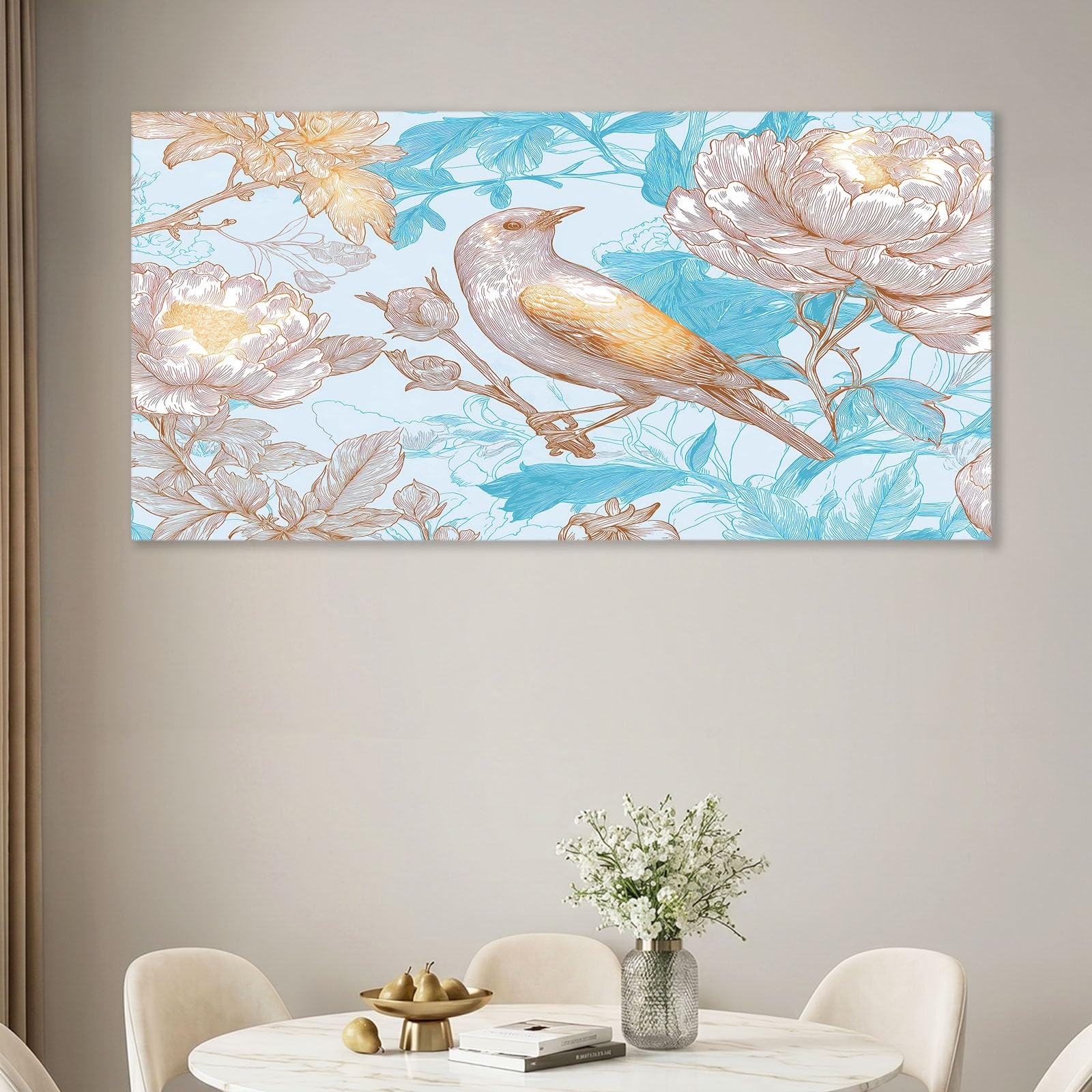 Obraz ścienny z ramą 120 x 80 cm, orientalny chiński, obraz na płótnie do salonu, sypialni, kuchni, biura - niebieskie kwiaty, ptak, gałęzie, liście, dekoracja ścienna