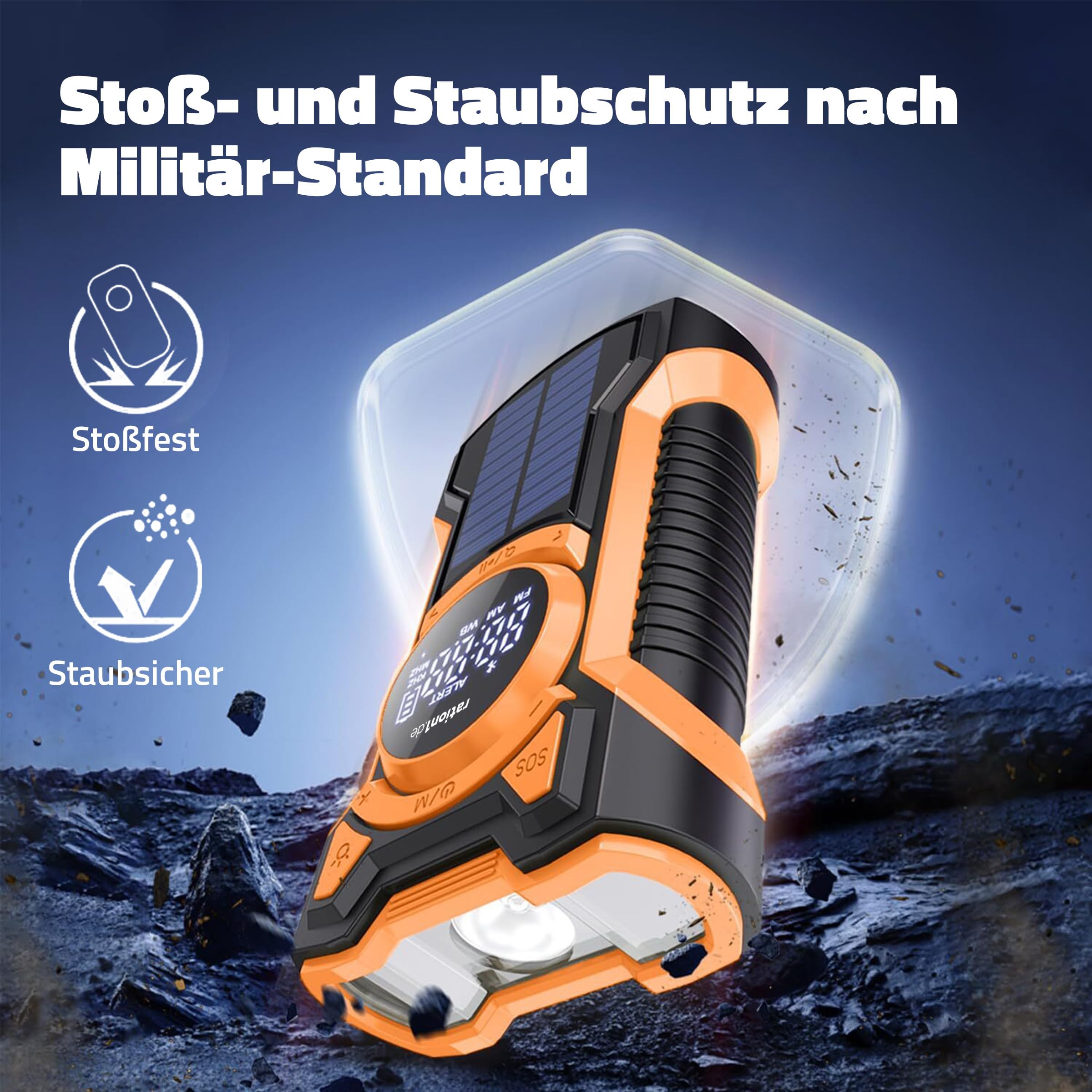 ration1 Kurbelradio mit Solar und Powerbank – Notfallradio mit 5000 mAh, Bluetooth, SOS-Alarm & LED Taschenlampe | AM/FM/WB | IPX5 Spritzwasserfest | Stoß- & Staubgeschützt | Camping Outdoor Blackout