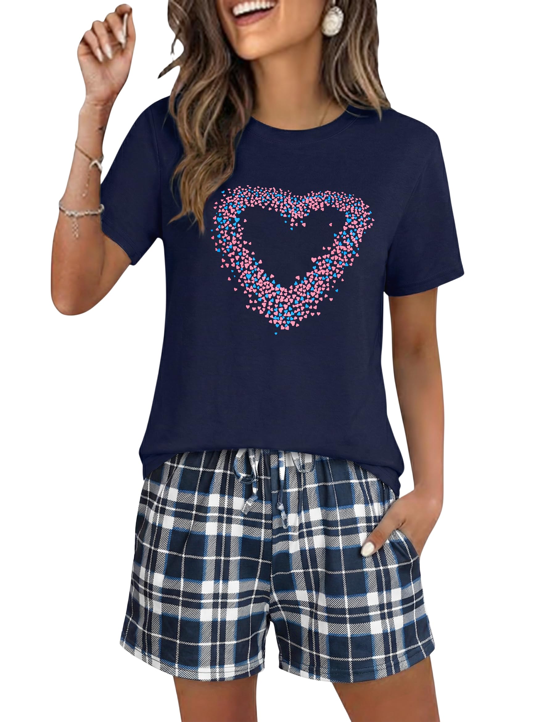 Demegimi Schlafanzug Damen Pyjama Kurz Baumwolle Shorty Zweiteiliger Nachtwäsche Sommer Pyjama Set Rundhals