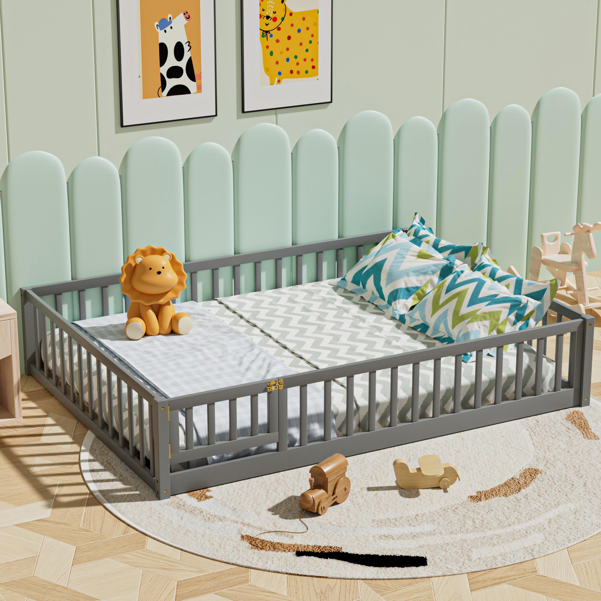 Queen Size Floor Platform Bed with Fence-Shaped Guardrails and Door, Solid Wood Platform Bed Frame with 7 Slats Support Montessori Bed Frame for Boys Girls Bedroom Playroom No Box Spring Needed, Gray