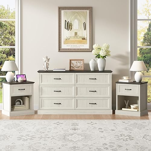 CARPETNAL Juego de cómoda y mesita de noche de granja para dormitorio, juego de 3 piezas, cómoda de 6 cajones y mesita de noche, cómoda de madera