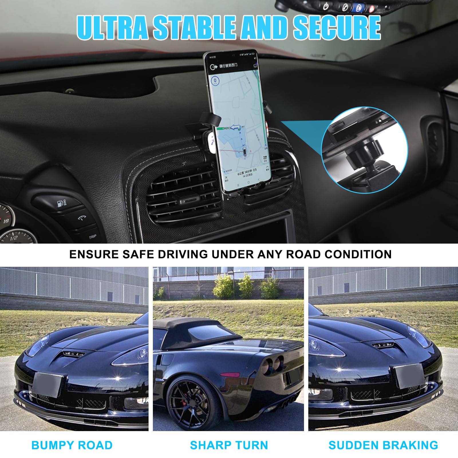 Soporte de teléfono para coche Corvette C6 2005-2013, consola central, rejilla de ventilación, giratorio, fijo, soporte de teléfono móvil para coche, compatible con iPhone, Android, smartphones