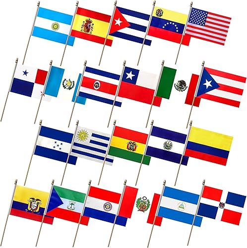 Banderas de América Latina de 22 países en palo, pequeña bandera de mano de habla española, 5 x 8 pulgadas, paquete de 22