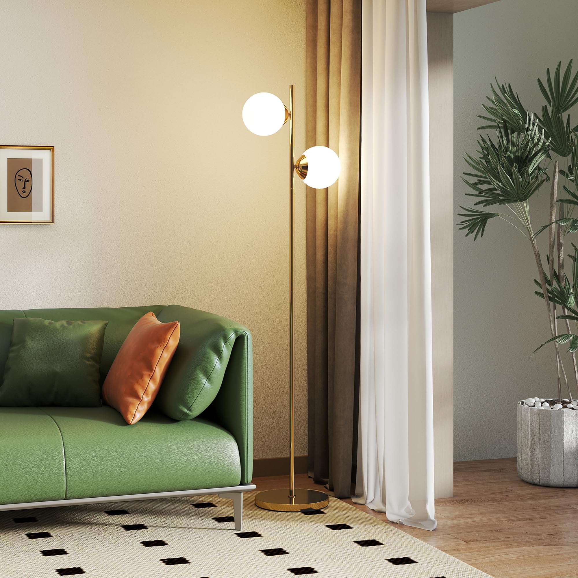 HOMCOM Lampada da Terra con 2 Luci e Paralumi a Sfera, Lampada a Piantana da Pavimento con Interruttore a Pedale, Attacco E27, 39x28x165 cm, Oro