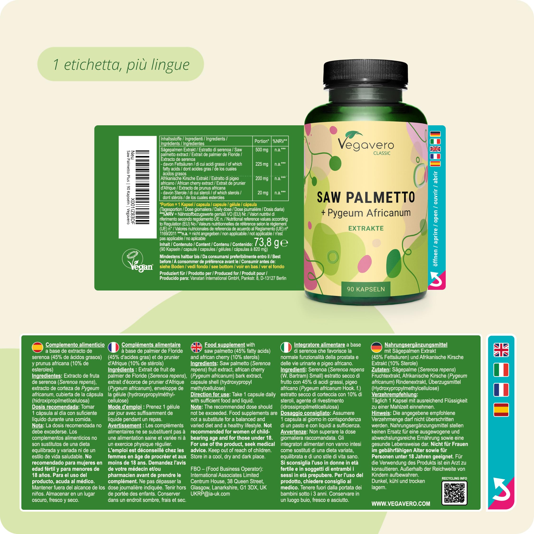 SAW PALMETTO 10.000 mg | con Pygeum Africanum | Serenoa Repens ad Alto Dosaggio | con Acidi Grassi e Steroli | Salute della Prostata e Capelli | 90 capsule | Vegan | Vegavero®