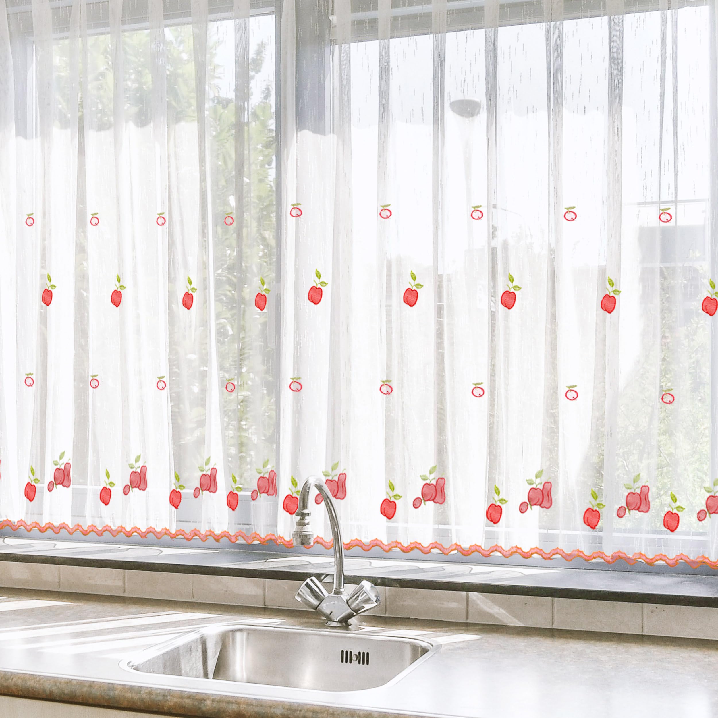 HOMEYA - Cortina Cocina Translúcida 100x140cm - Visillo Transparente Estampado para Ventana, Marco de Puerta - 2 Unidades