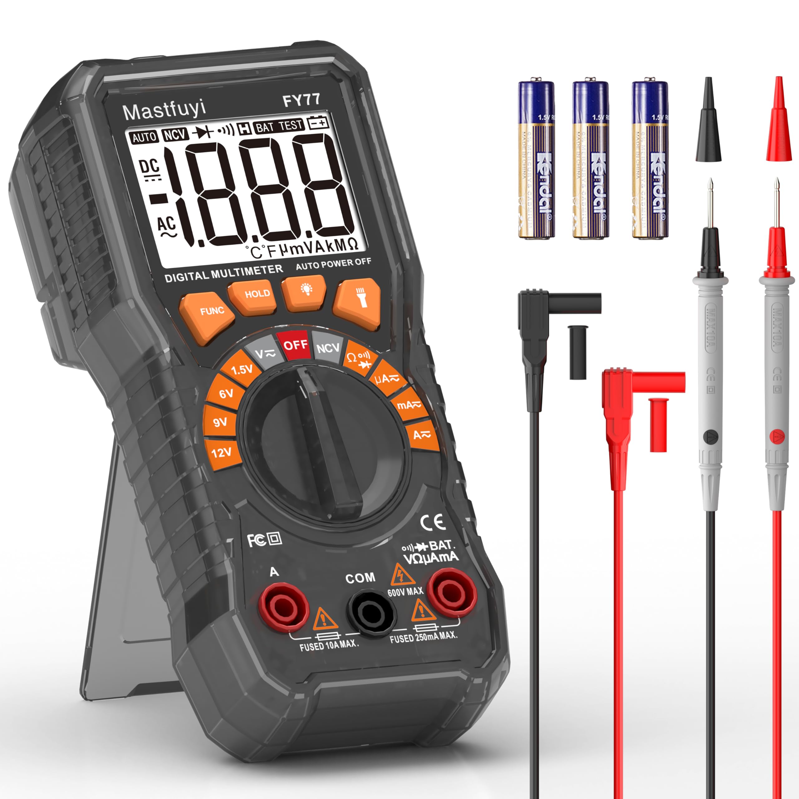 Multimetro Digitale, Tester multiplo con NCV, Test di Gamma Automatico, Tester per Batterie, Conta il Vero RMS 2000, Corrente AC/DC, Tensione AC/DC, Continuità, Resistenza, Diodo