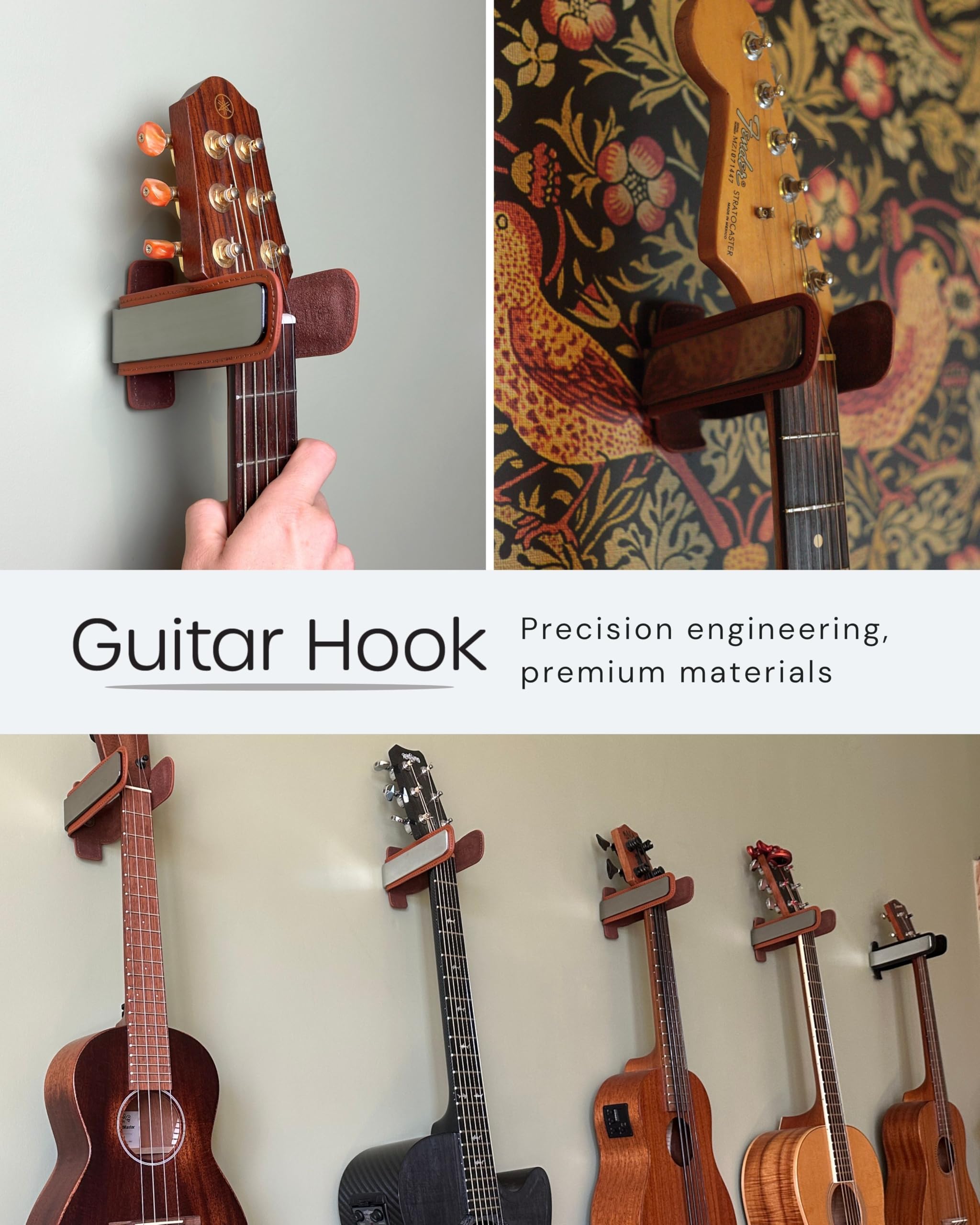 Noisy Clan Taylor - Colgador de pared para guitarra, acero cromado negro con acolchado de cuero, diseño minimalista