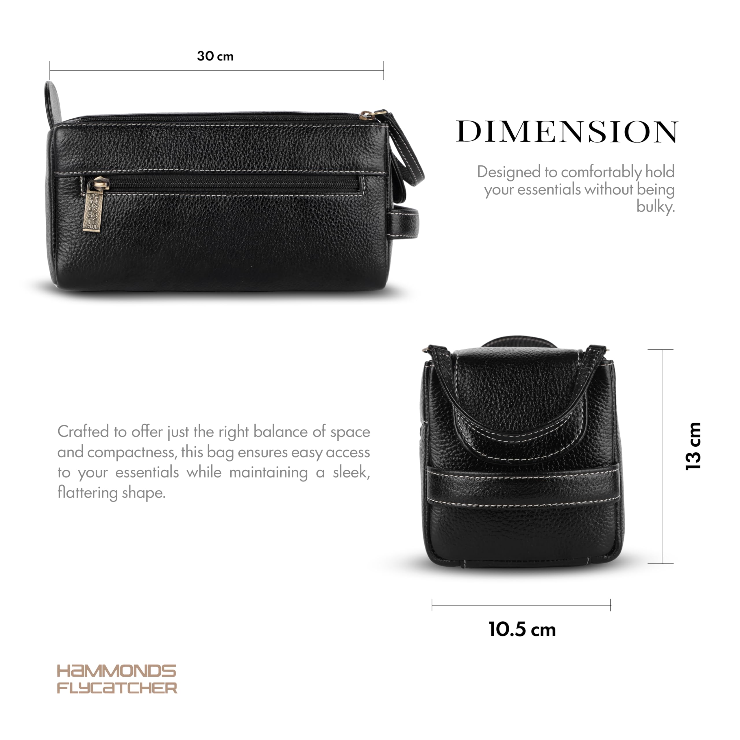 HAMMONDS FLYCATCHER Neceser de viaje unisex de piel auténtica para adultos, estuche de aseo de viaje, organizador de higiene y aseo, piel libre de crueldad animal y cosido a mano, color negro, Black