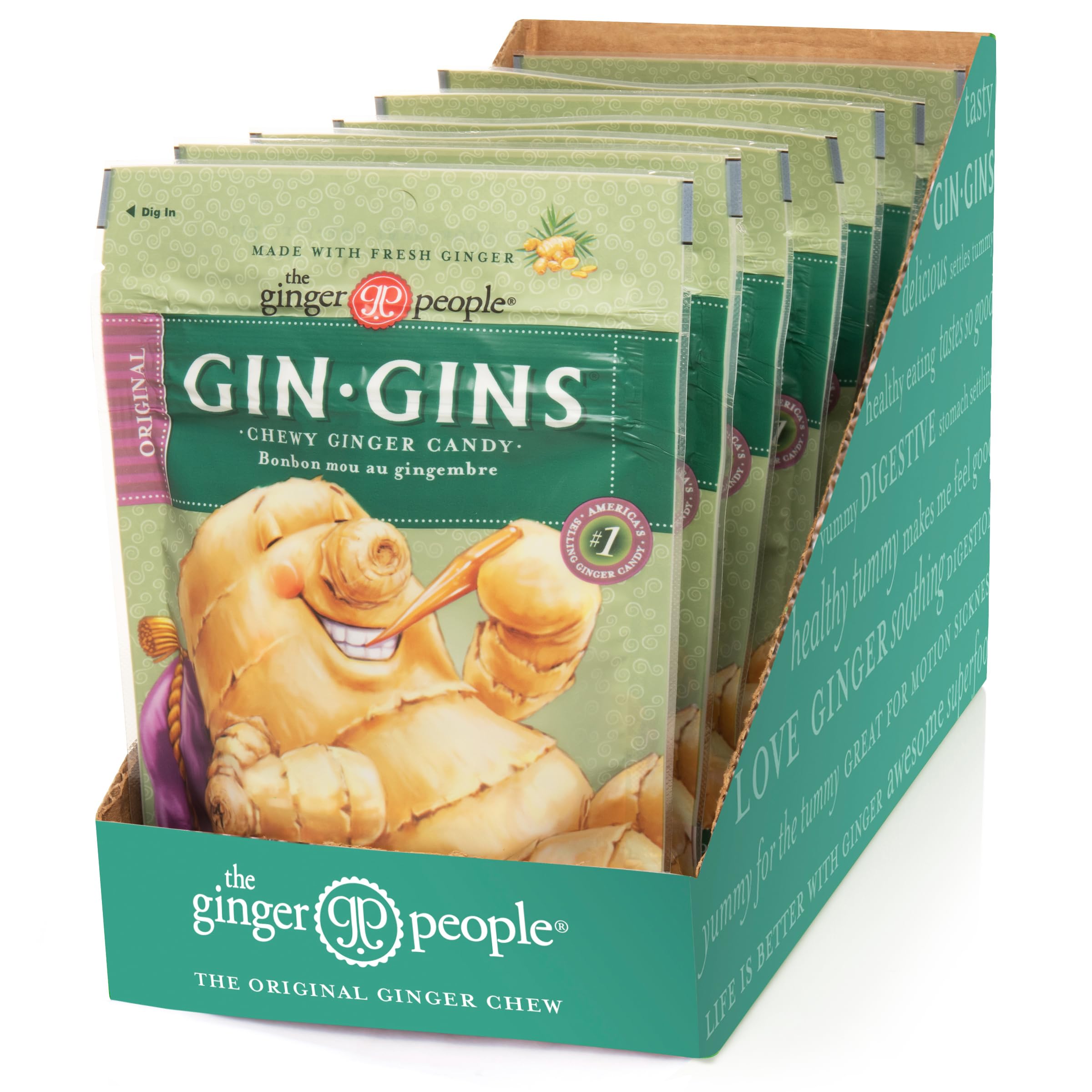 GIN GINS Original Ginger Chews – 100% Natural Candy by The Ginger People – Individually Wrapped Healthy Treats - Made with the Fresh Rhizome – Original Flavor – 3oz Bag – Pack of 8