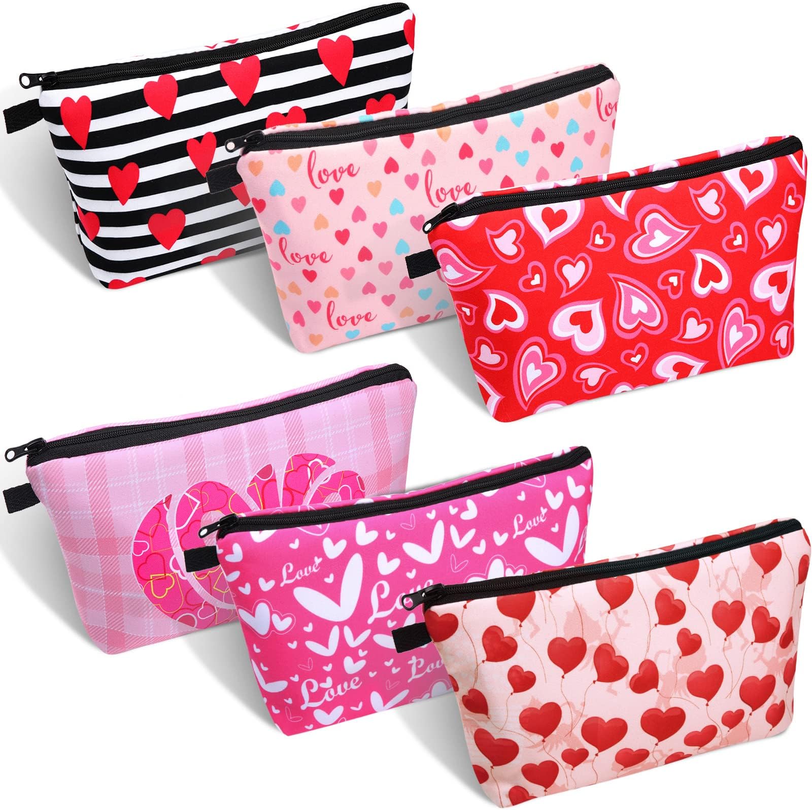 6 Pieces Valentine Cosmetic Bag Valentines Love Makeup Bags Heart Travel Zipper Cosmetic Organizer Valentine's Day Gift for Girlfriend Wife 6 Styles Double Sided Printed Waterproof Cosmetic Pouches