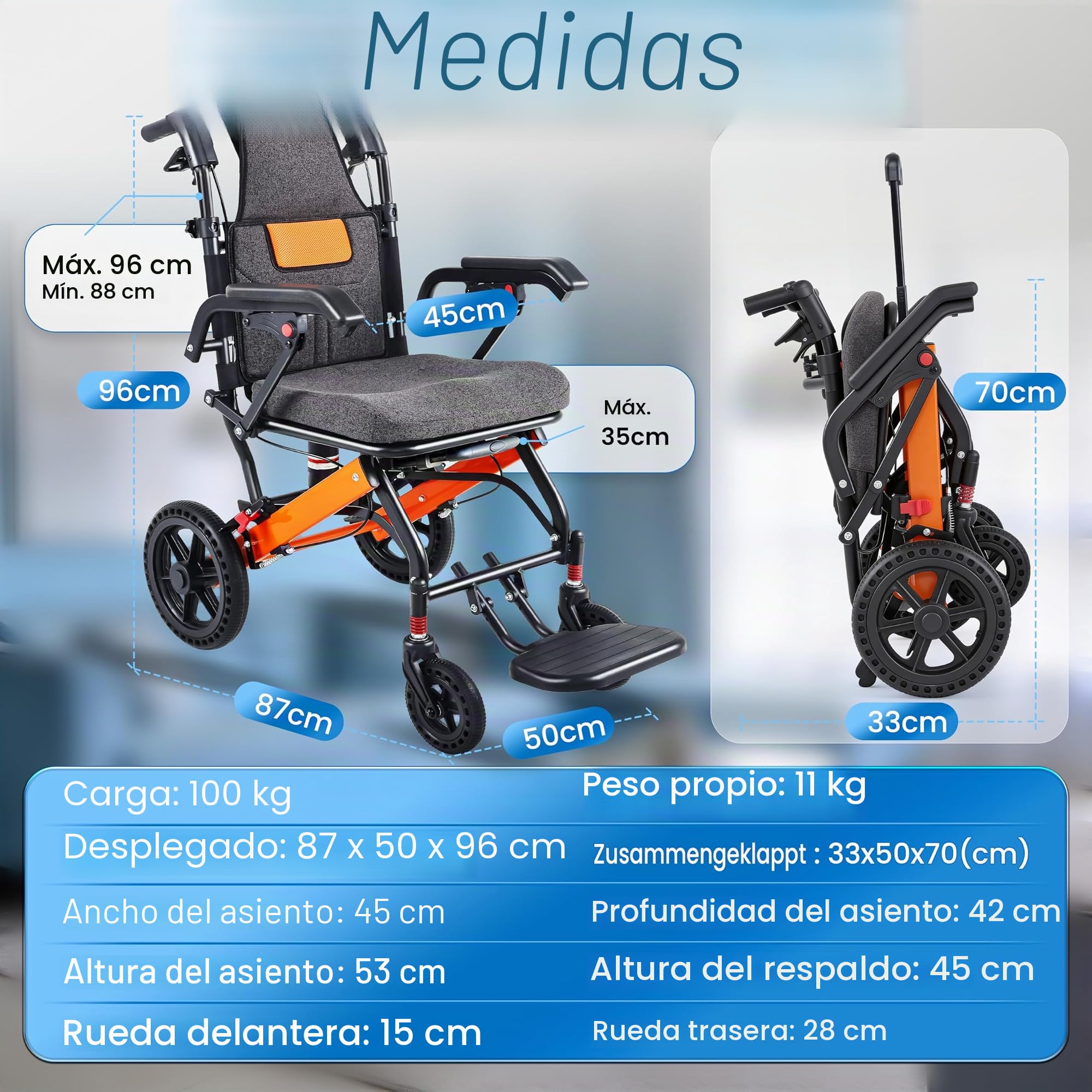 Silla de ruedas plegable ligera 2026, respaldo ajustable, neumáticos de panal de abeja de 28 cm, sillas de transporte con mango telescópico, bolsa de viaje, bolsa de viaje, cojines hinchables