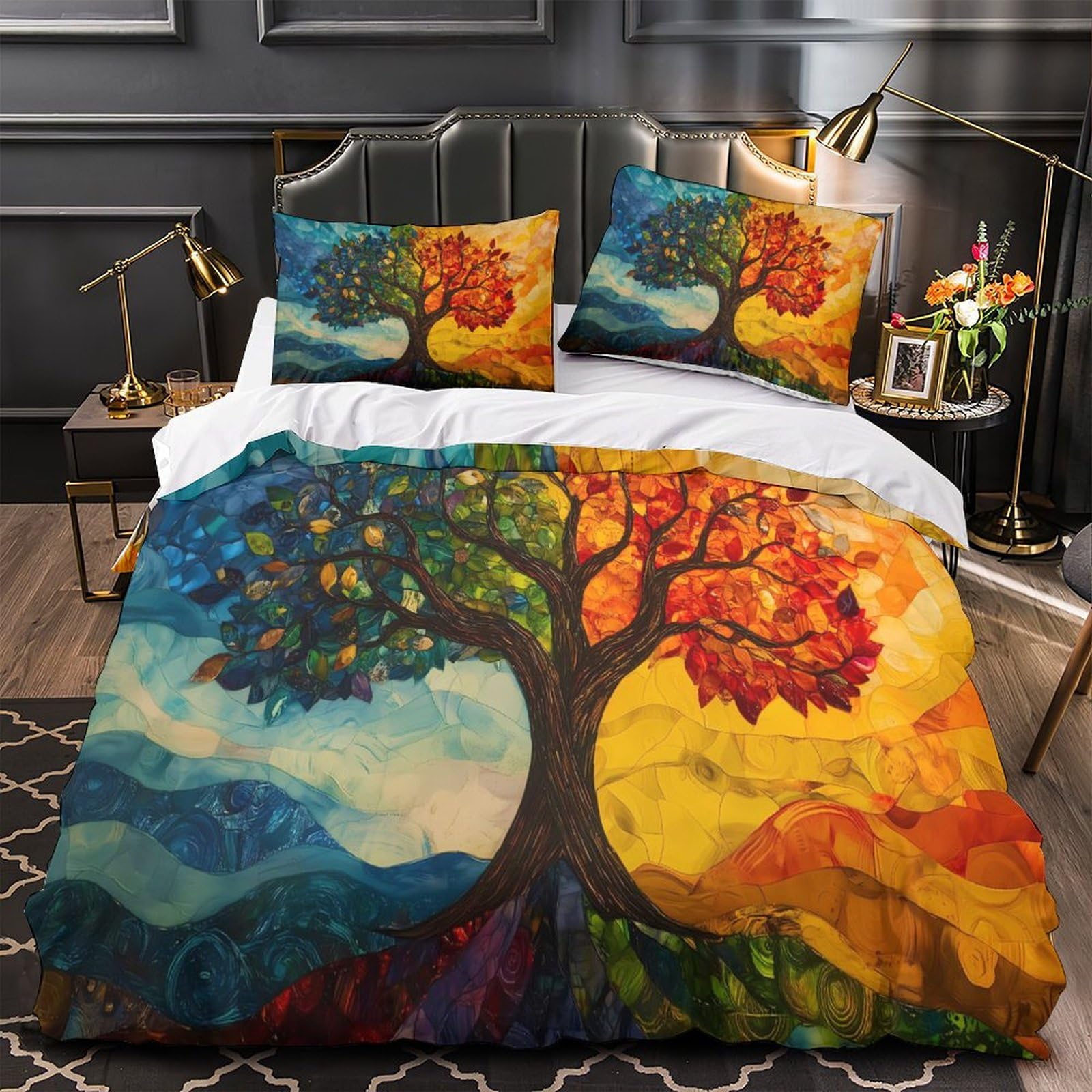 Housse de couette microfibre art arbre automne 3D drap de couette super king