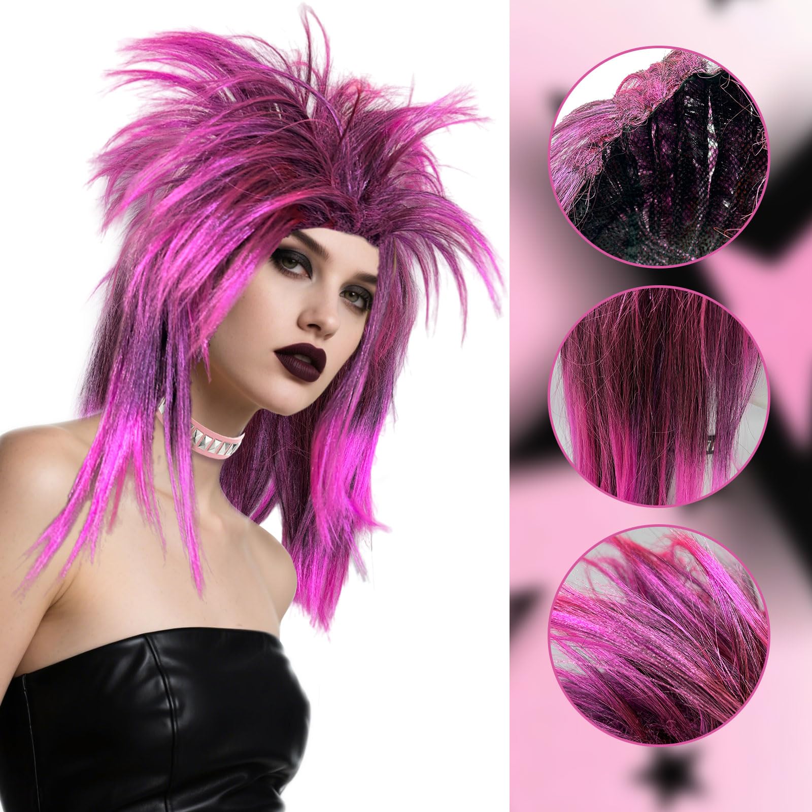 SAIIURV Hot Pink Punk Wig Set for Adult Long Straight 70s 80s Mullet Rocker Wig With Pink Choker for Men Women Rock Star Hippie Costume Accessories for Fancy Dress Party Festival (Pink) - Image 3