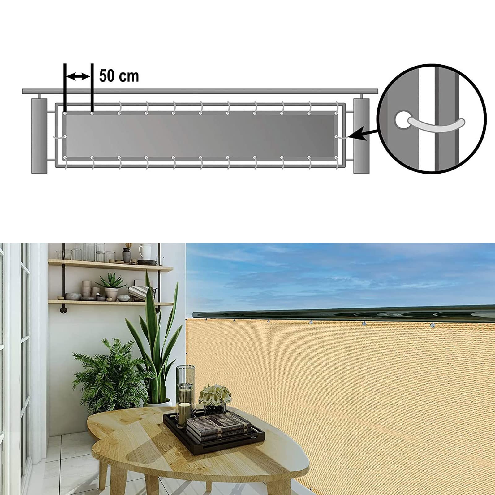 Ekran prywatności balkonu 65 x 550 cm Odporny na warunki atmosferyczne Parawan Balkonowy Parawan Wiatrowy z oczkami liny na patio na podwórku na werandzie, brązowy