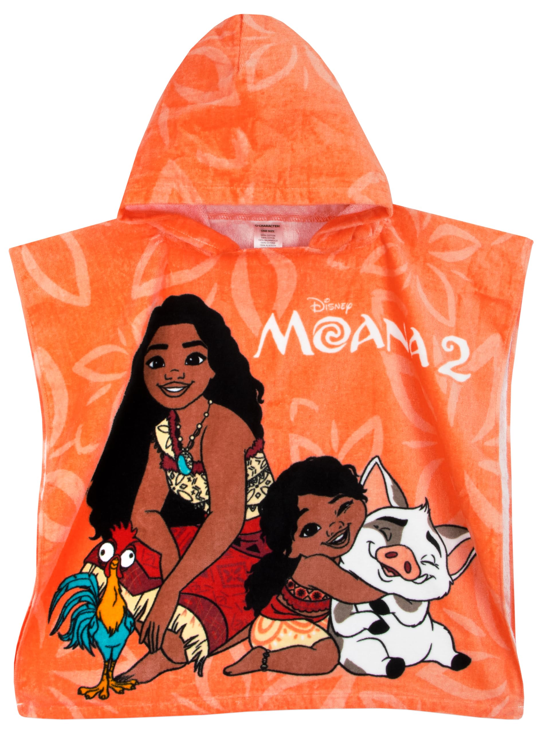 Disney Girls Orange Poncho | Moana Kids Towel Poncho | Cotton Beach Towel | Hooded Bath Towels | Swimming Towels | One Size |