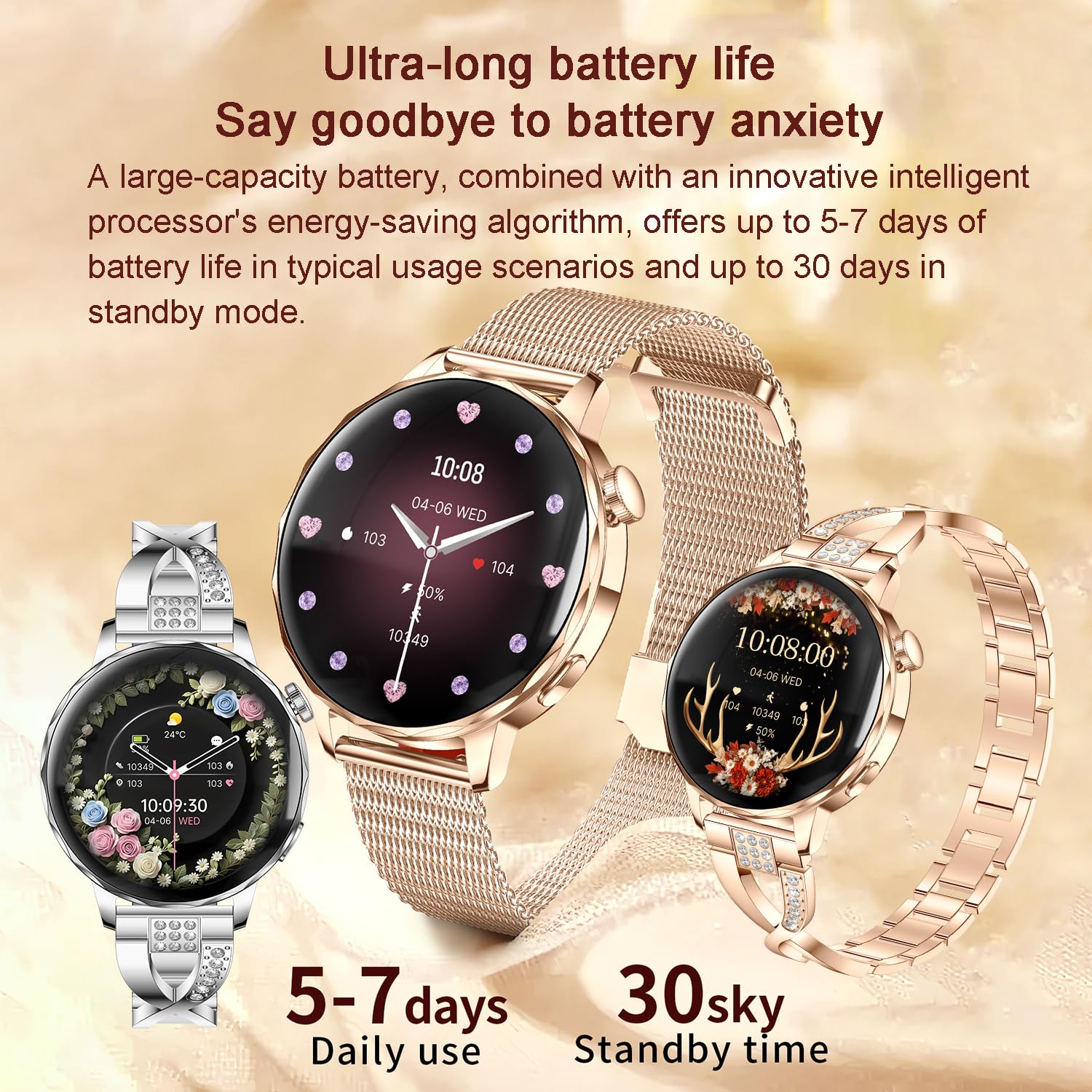 Reloj inteligente para mujer con función de teléfono, pantalla de 1.27 pulgadas, pulsera de metal y correa de silicona, frecuencia cardíaca/SpO2/presión arterial/monitor de sueño, seguimiento de ciclo