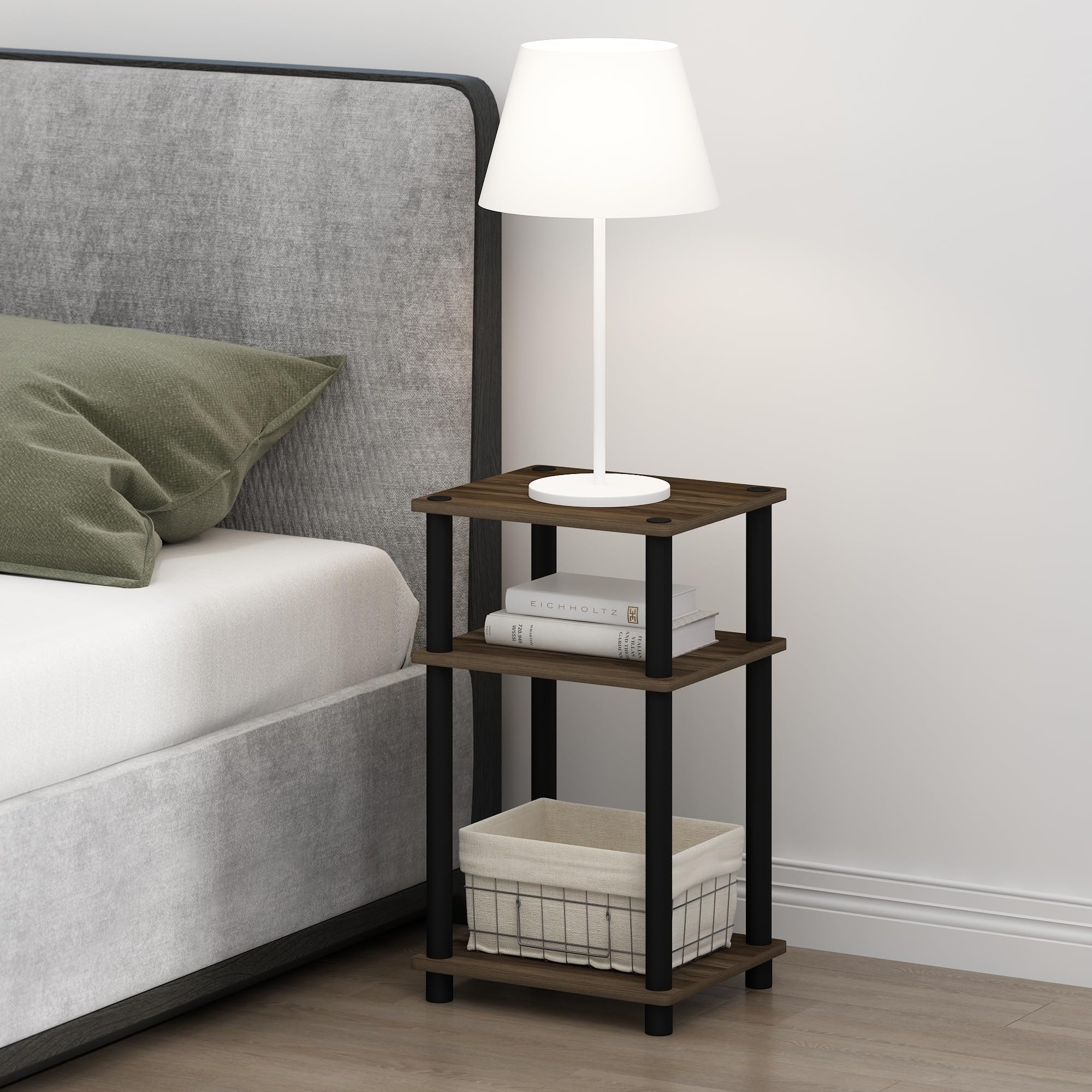 Furinno JUST Night Stand, 3-Tier Turn-N-Tube Nightstand, Toolless Bedside Table, End Table, Side Table with Open Storage for Bedroom, Living Room, Columbia Walnut/Black