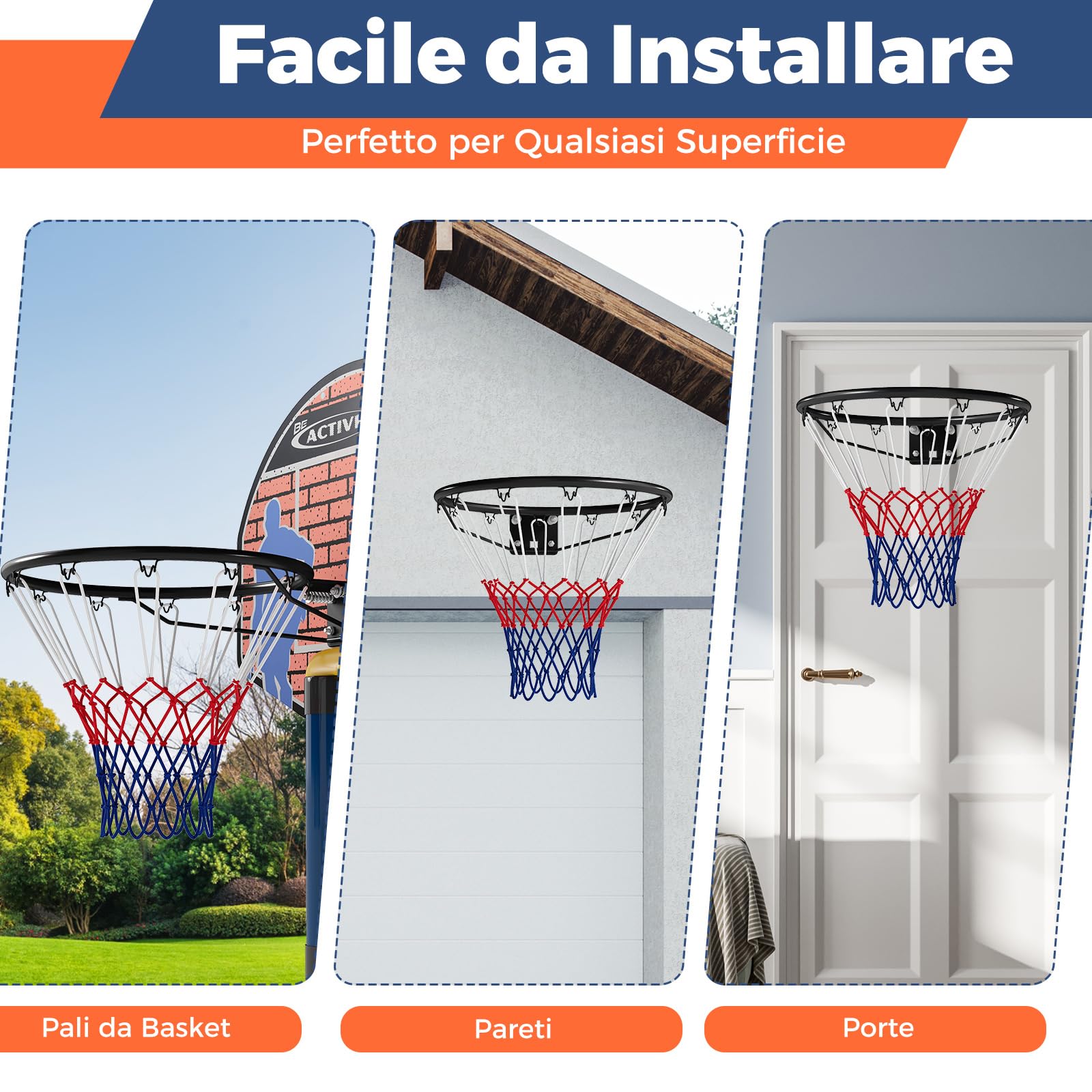 COSTWAY Canestro da Basket da Parete 45 cm, Anello da Pallacanestro da Muro con Doppie Molle e Rete per Tutte Le Stagioni, Cerchio Universale per Canestri da Interno ed Esterno