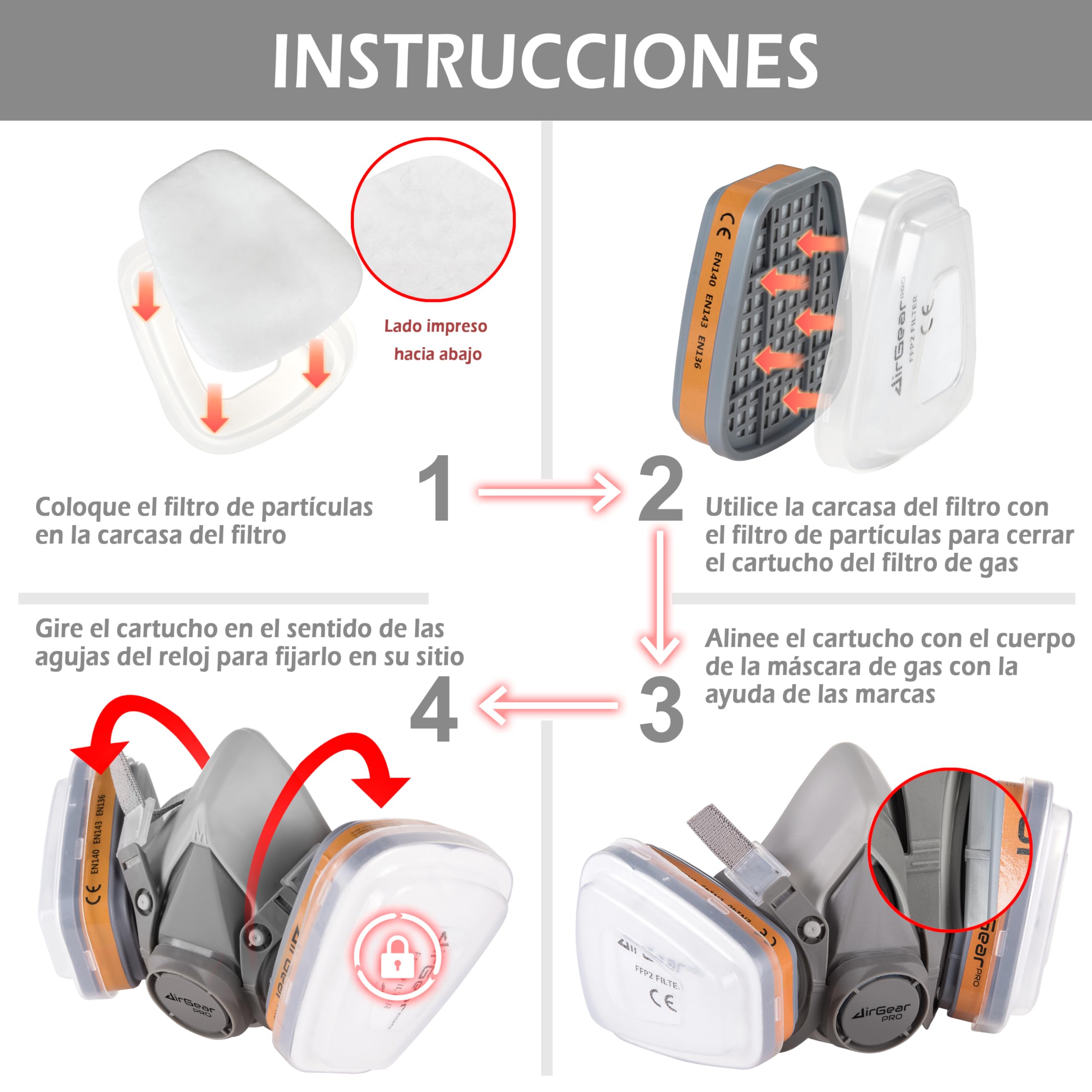 AirGearPro G-500 Máscara Respiratoria Reutilizable, Antipolvo, Antigás con Filtros y Gafas de Protección para Pintar, Construcción, Bricolaje, Lijado