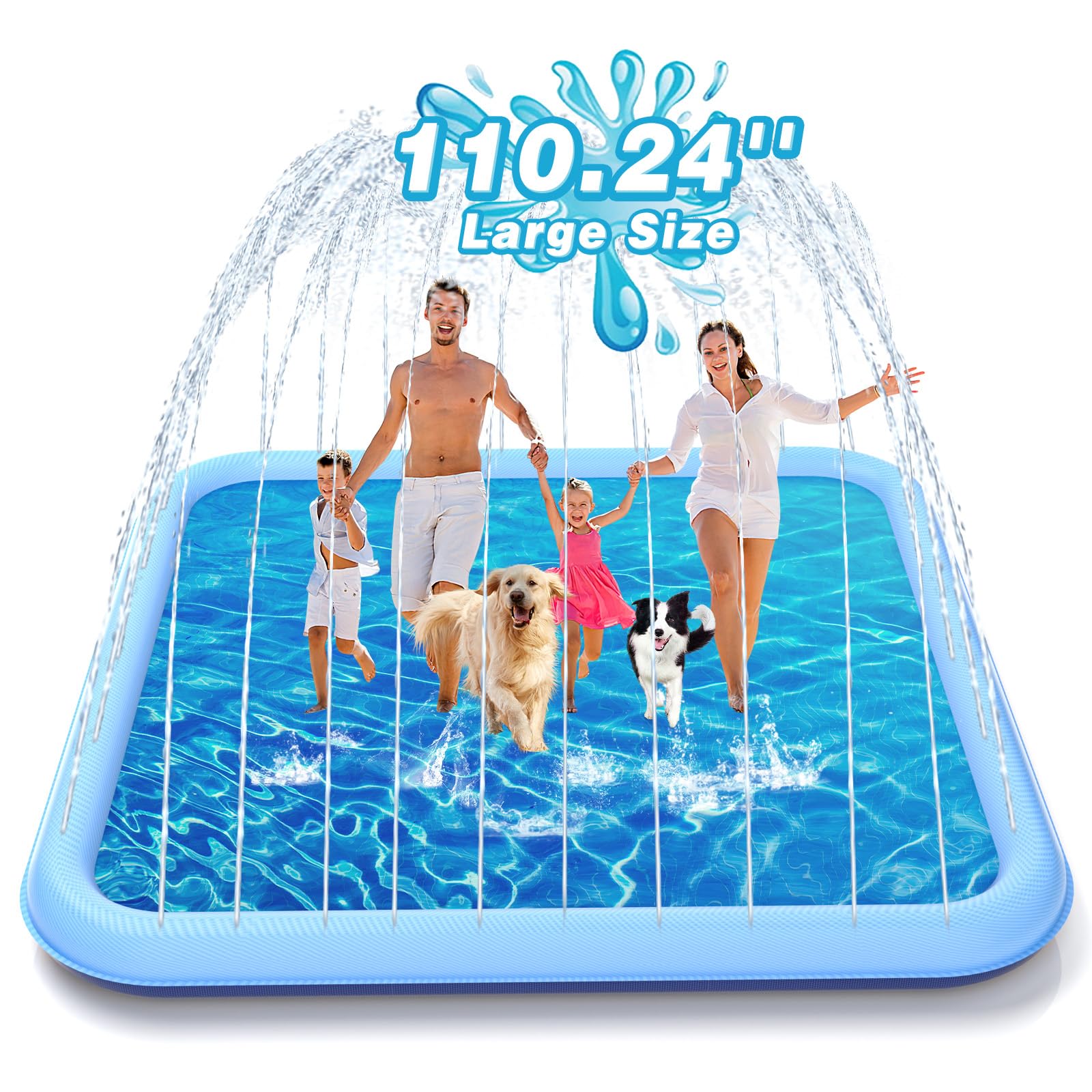EPN Splash Pad, 110.24" Size Extra Large Sprinkler Play Mat for Dogs & Kids, Thicker Wading Pool Summer Outdoor Water Toys, Fun Backyard Fountain Play Pad for 3 Age+ Girls Boys Children & Pets