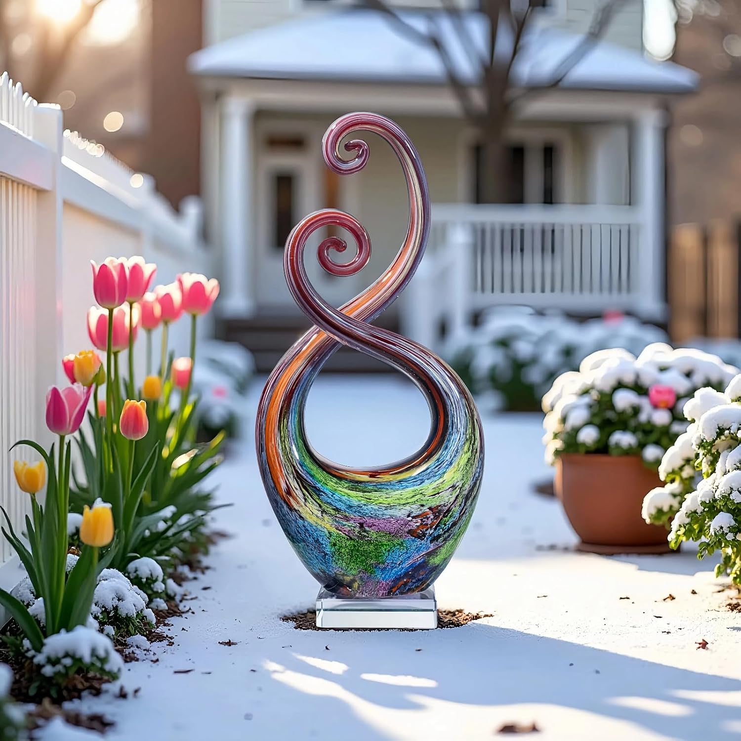 14″ Hand Blown Art Glass Sculpture with Base - Murano Style Valentine's Day Gift - Weatherproof Multicolor Swirled Abstract Art Decor for Indoor Outdoor Use - Image 7