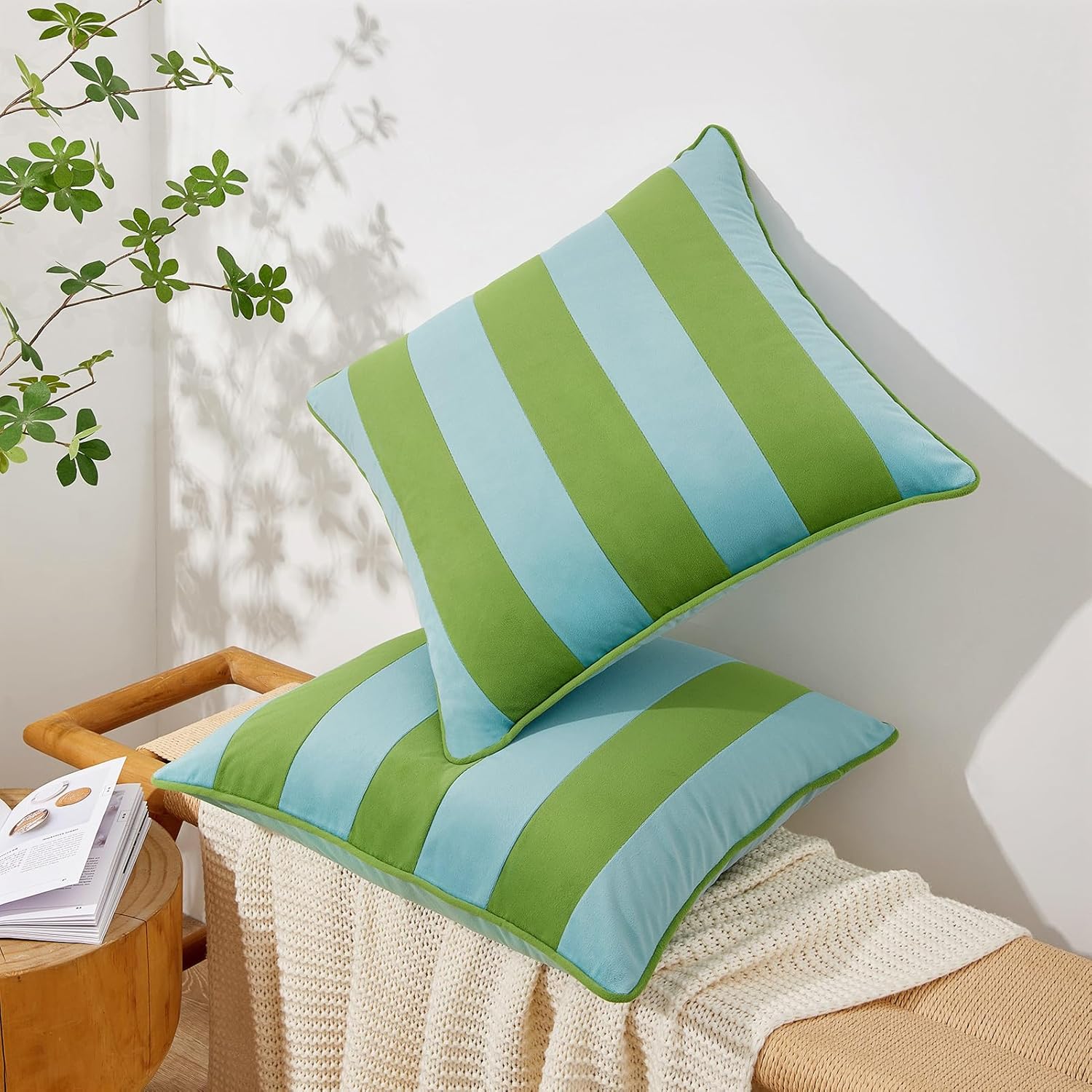 MONDAY MOOSE Decorative Throw Pillow Covers Cushion Cases, Set of 2 Soft Velvet Striped Piping Edge Designs, Pillow Inserts Not Included (20x20 inch, Light Green/Light Blue)