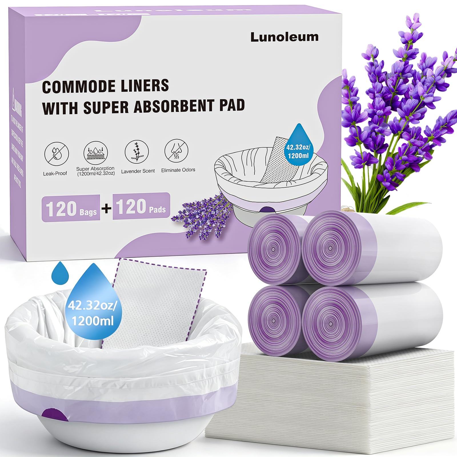 120 Pack Bedside Commode Liners with Absorbent Pads,Portable Potty Bags
