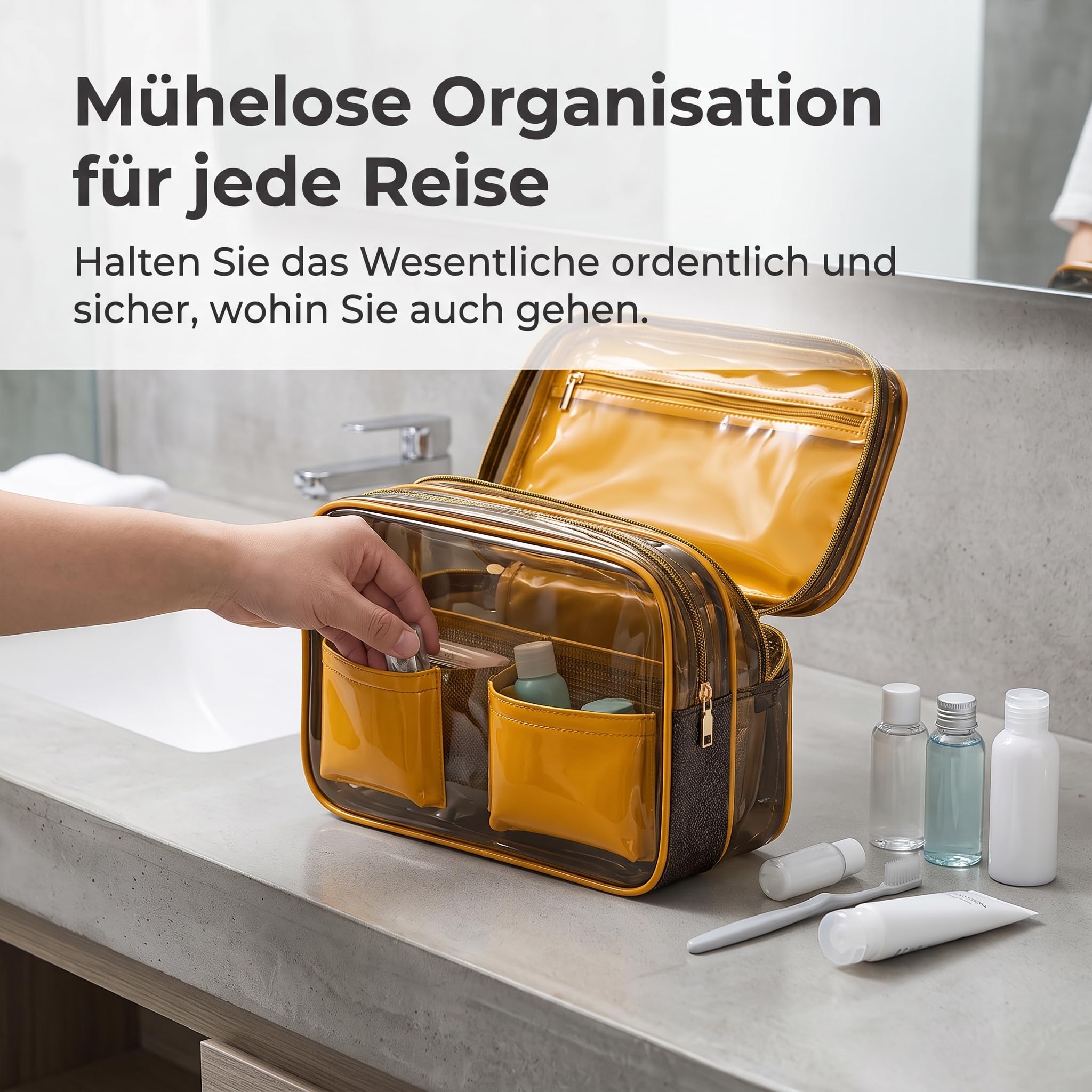 Transparente Toilettentasche mit Nassfach – wasserdichte Waschtasche für und Kosmetik, Bernsteinorange, Orange