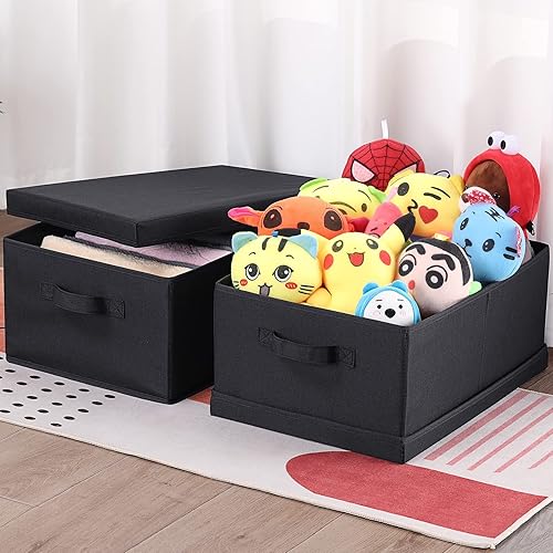 Miniatura 3 de HOONEX Contenedores de almacenamiento con tapas para organizar, paquete de 2, cajas de almacenamiento con 2 asas de transporte y cartón pesado