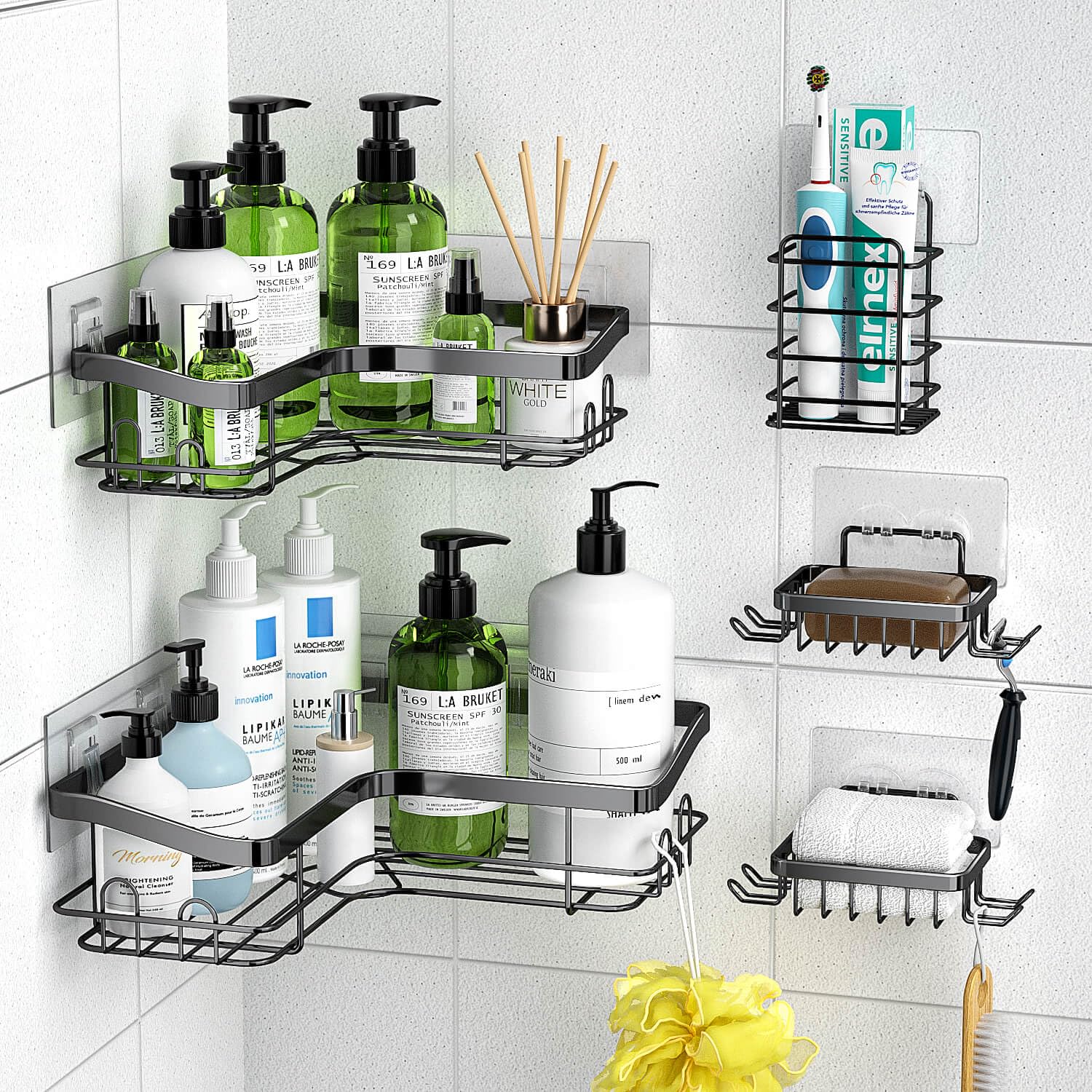 KiKiRico Corner Shower Caddy 5 Pack Adhesive Shower Organizer with 16 Hooks No Drilling Rustproof Stainless 2 Pcs