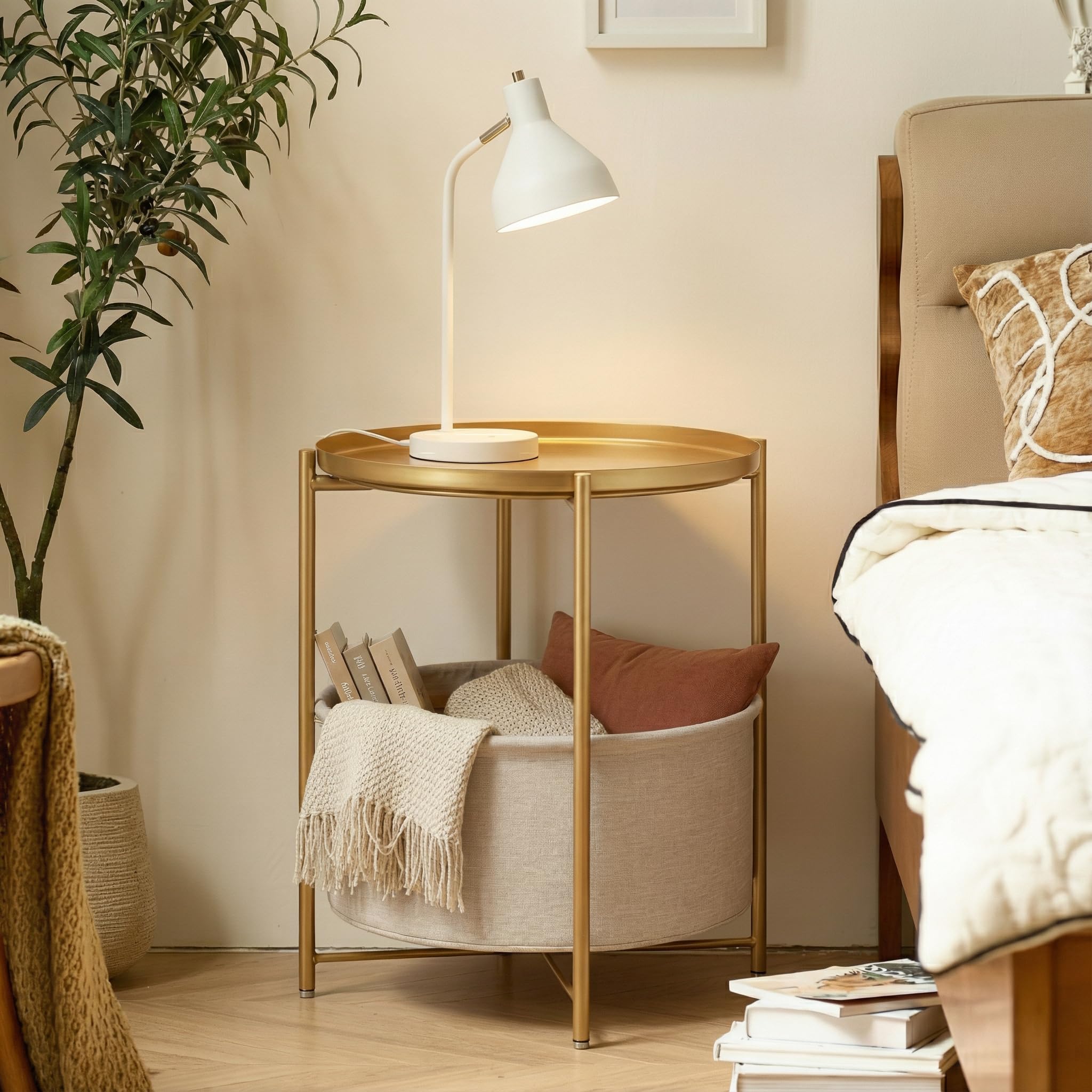 danpinera Beistelltisch Rund, Beistelltisch Gold mit Stauraum, Kleiner Tisch für Nachttisch, Rund Metall Kleiner für Wohnzimmertisch, Schlafzimmer, Kinderzimmer, Gold