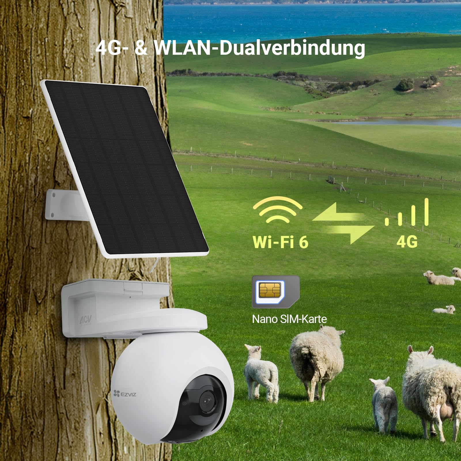 EZVIZ 4K 4G LTE Überwachungskamera Aussen Solar, 360° PTZ-Kamera mit 10400mAh Akku, 100% Kabellose, Farbnachtsicht, Person/Auto/Tiererkennung, 2-Wege-Audio, Unterstützt 4G &WiFi, EB8 Pro+8W Solarpanel