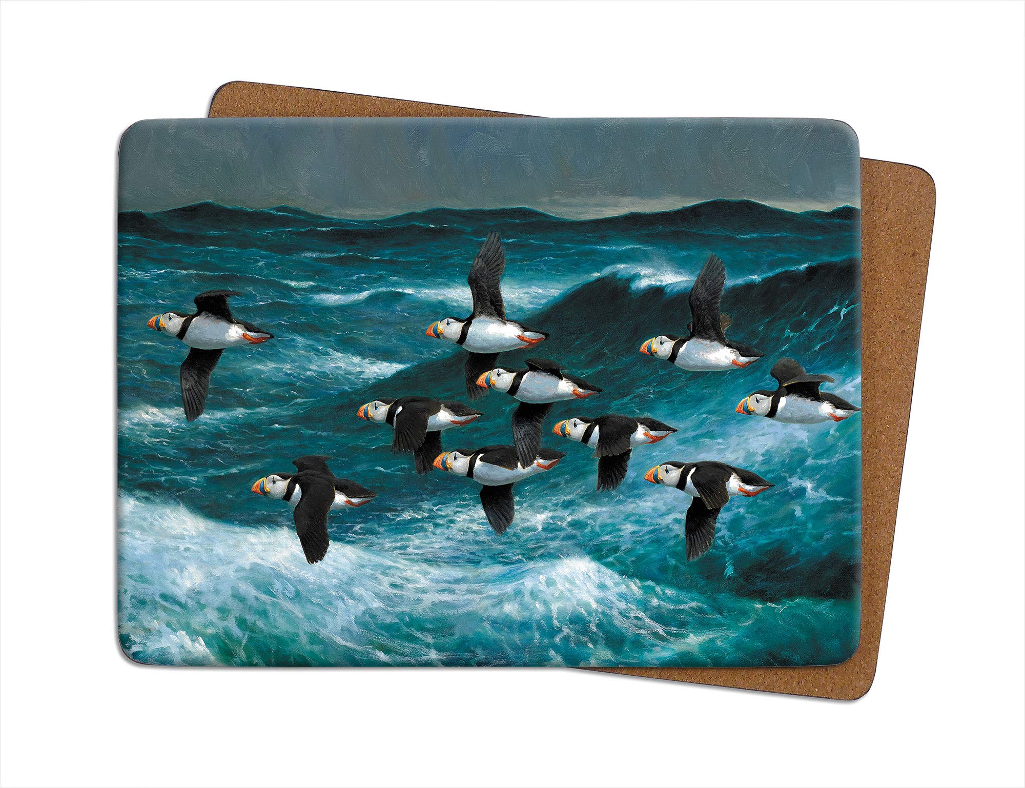 Julian Friers Multicolor Puffins In Flight Large Table Mat By Wildlife Artist Non-Slip - Cork-Backed Placemat