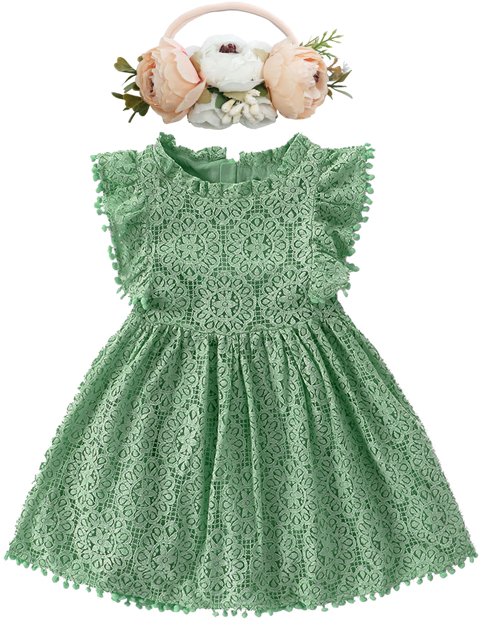 BGFKS Baby Girl Tutu Dress Elegant Lace Pom Pom Flutter Sleeve with Flower Headband Set