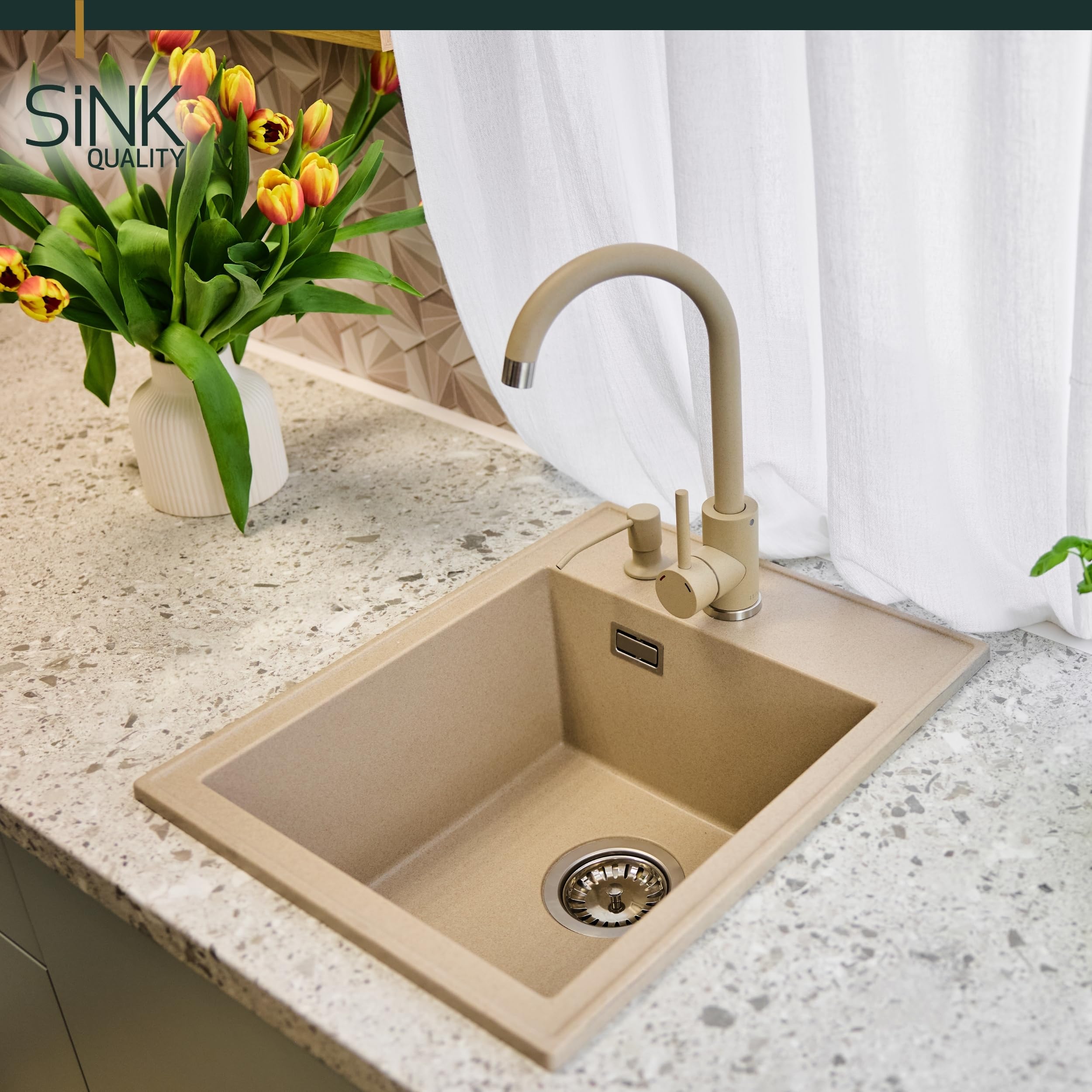 SINK QUALITY Lavello Beige 40x50 cm in granito beige con sifone e impregnazione, lavello senza scolapiatti, piccolo lavello per cucina per armadi bassi a partire da 40 cm di larghezza