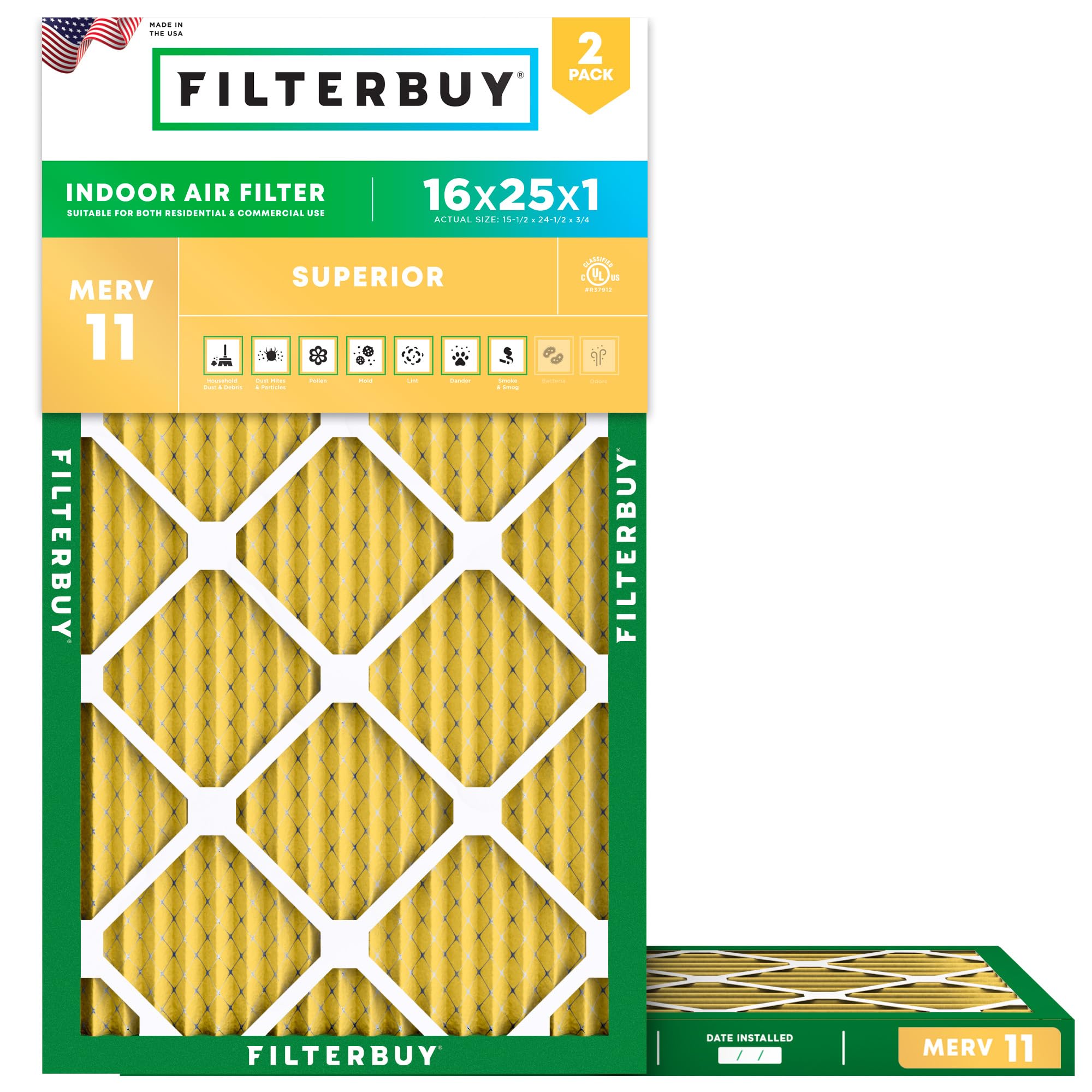Filterbuy 16x25x1 Air Filter MERV 11 2-Pack
